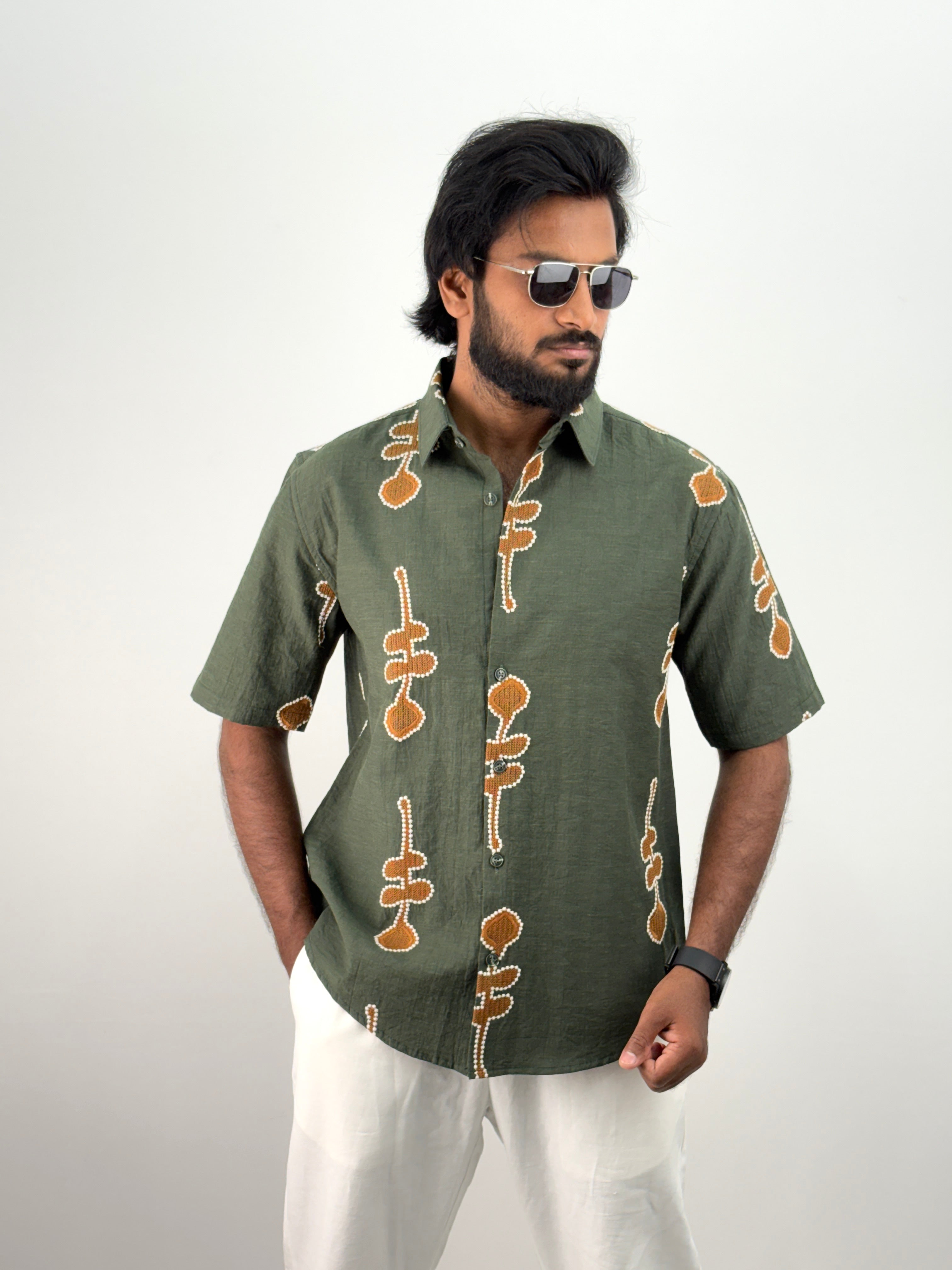 Green Half Sleeve Embroidery Shirt