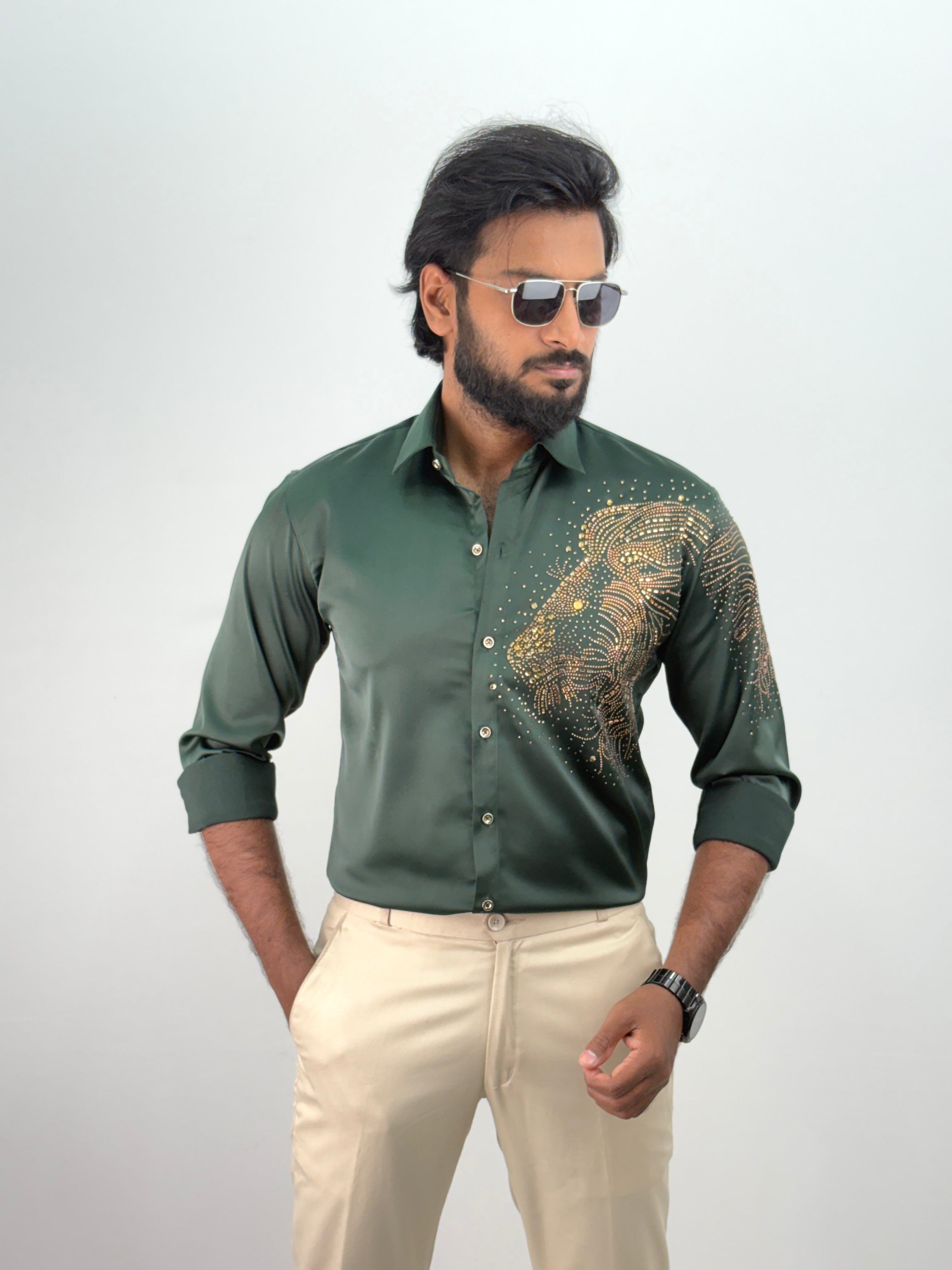 Dark Green Designer Stone Shirt