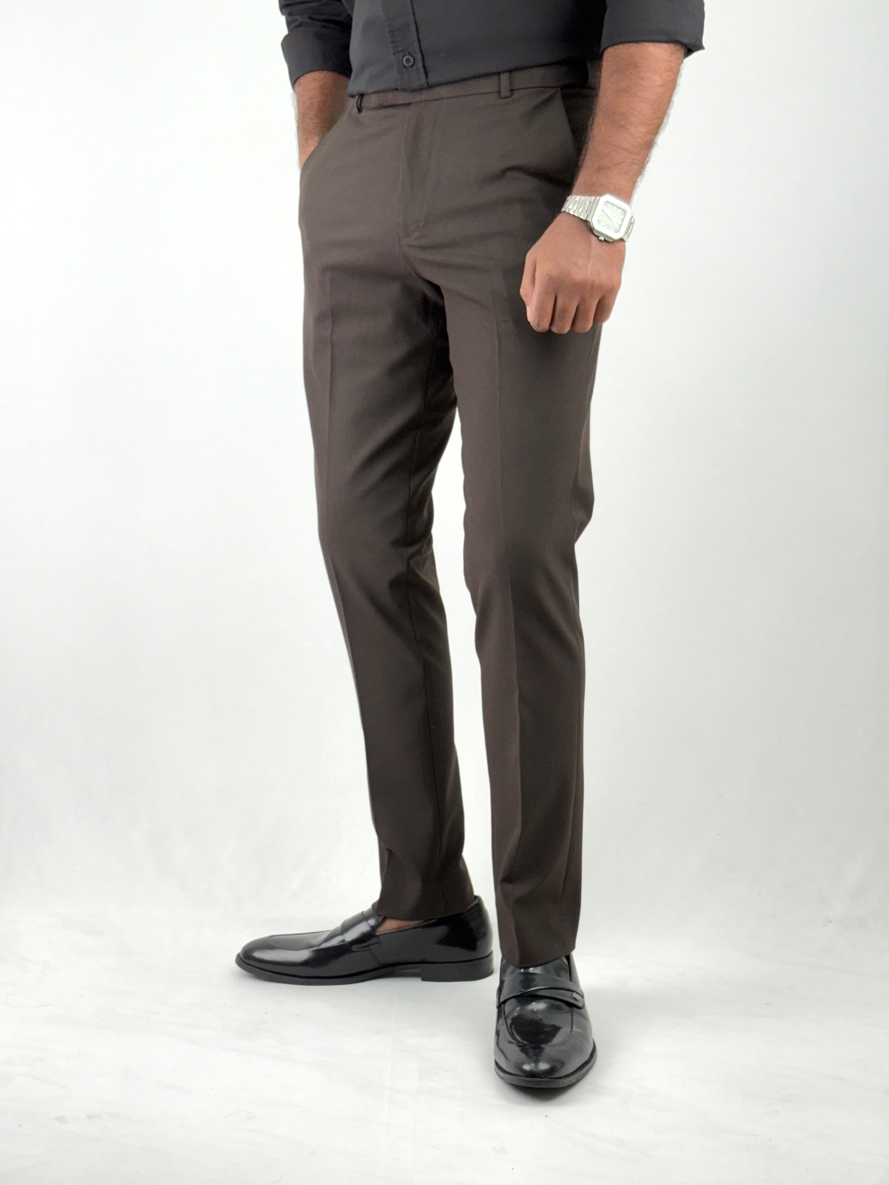 Brown Flexible Waist Formal Pants