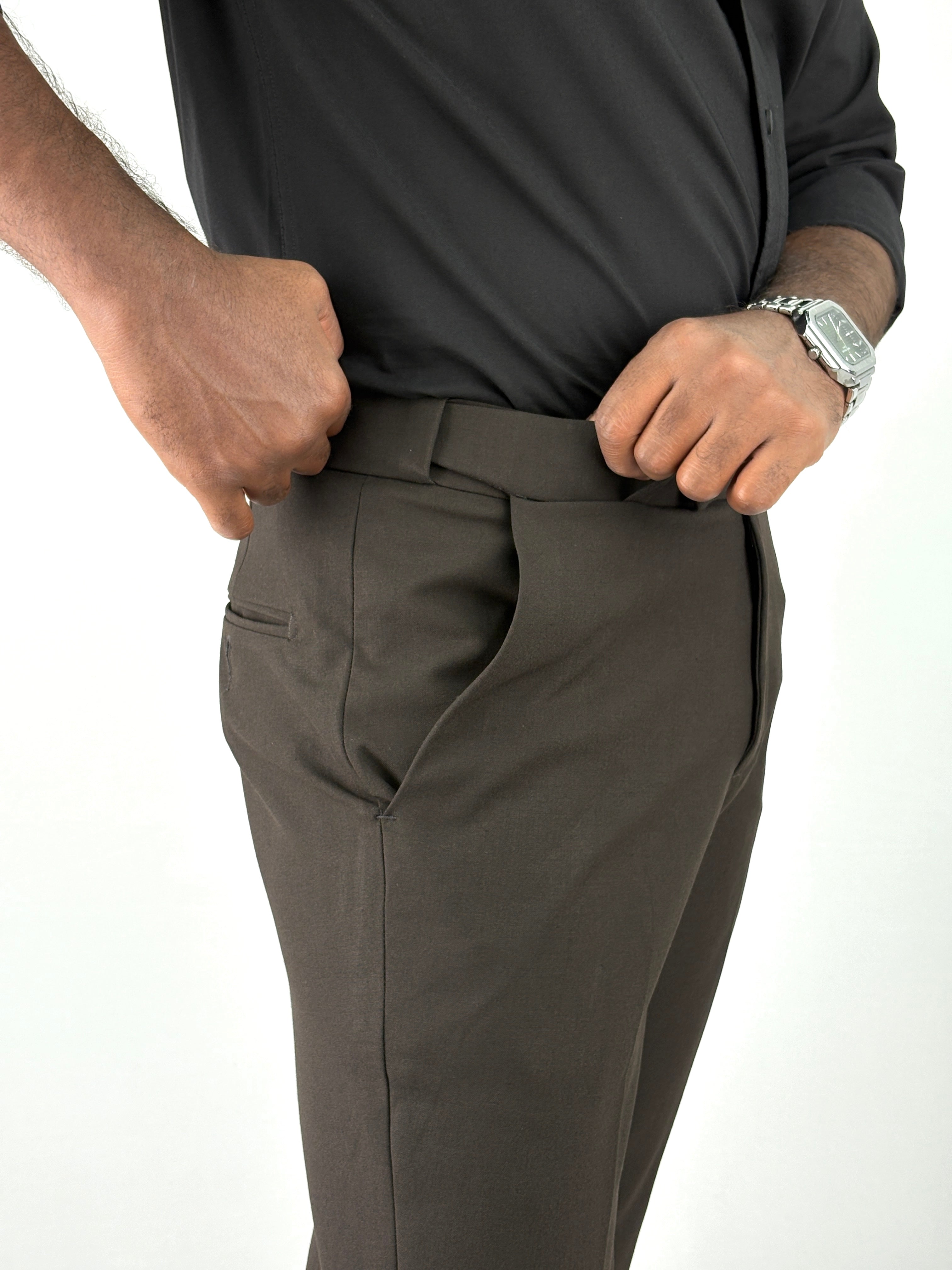 Brown Flexible Waist Formal Pants