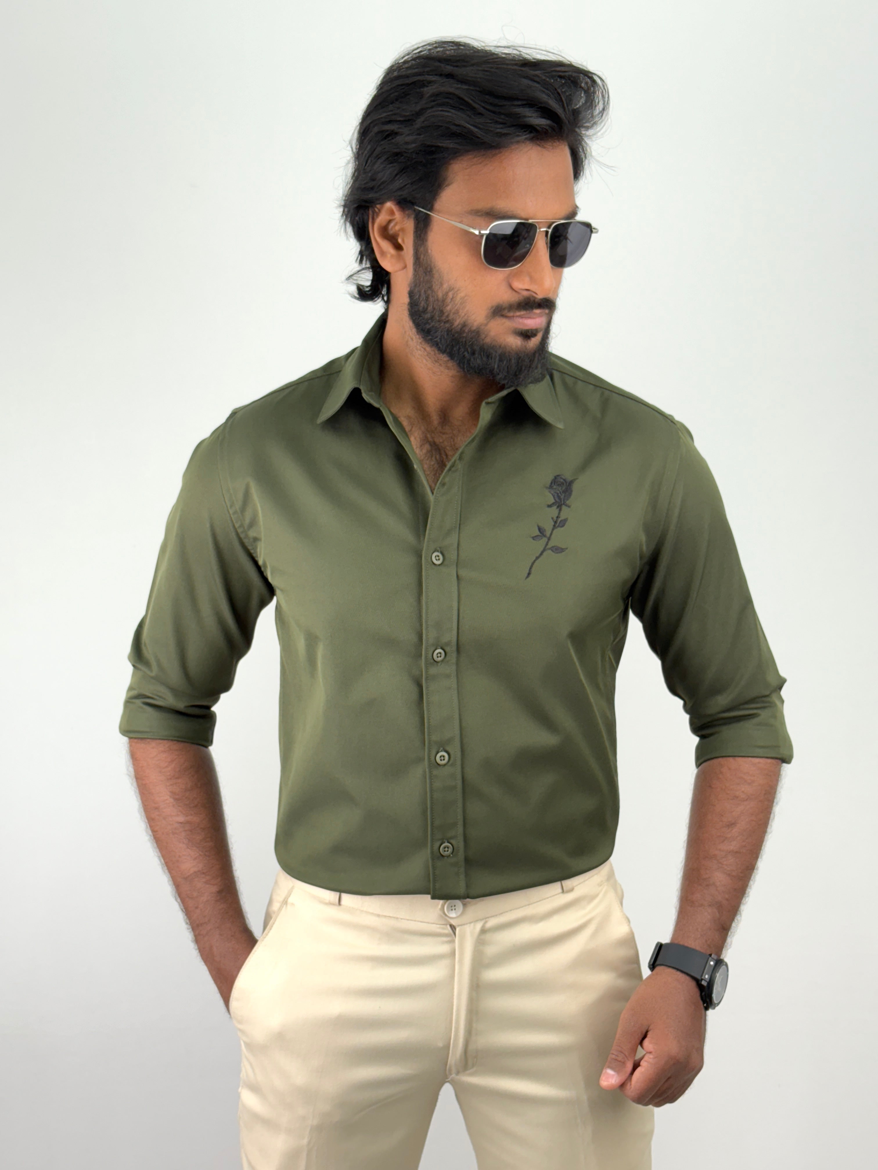 Dark Olive Satin Embroidery Shirt