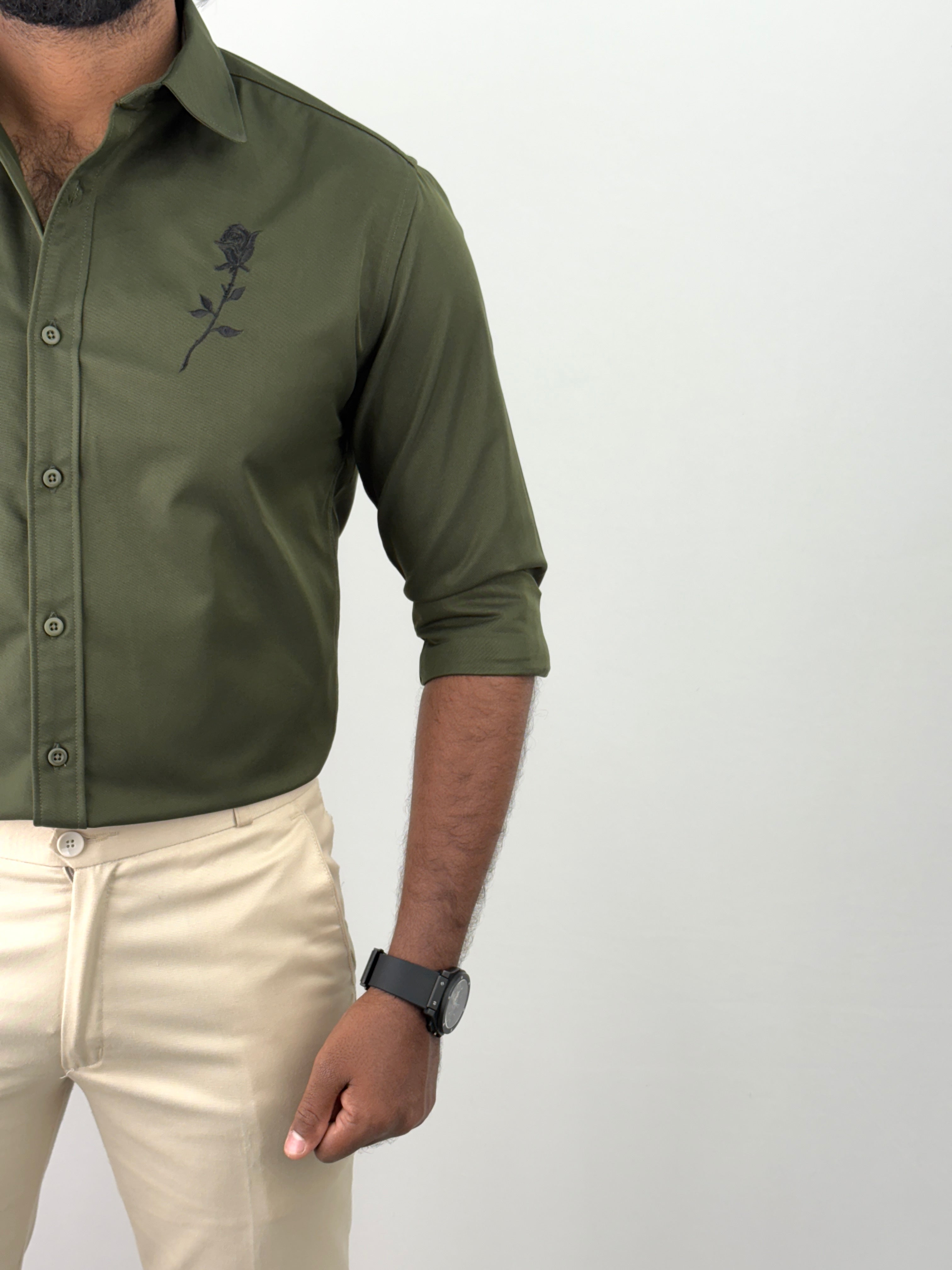 Dark Olive Satin Embroidery Shirt