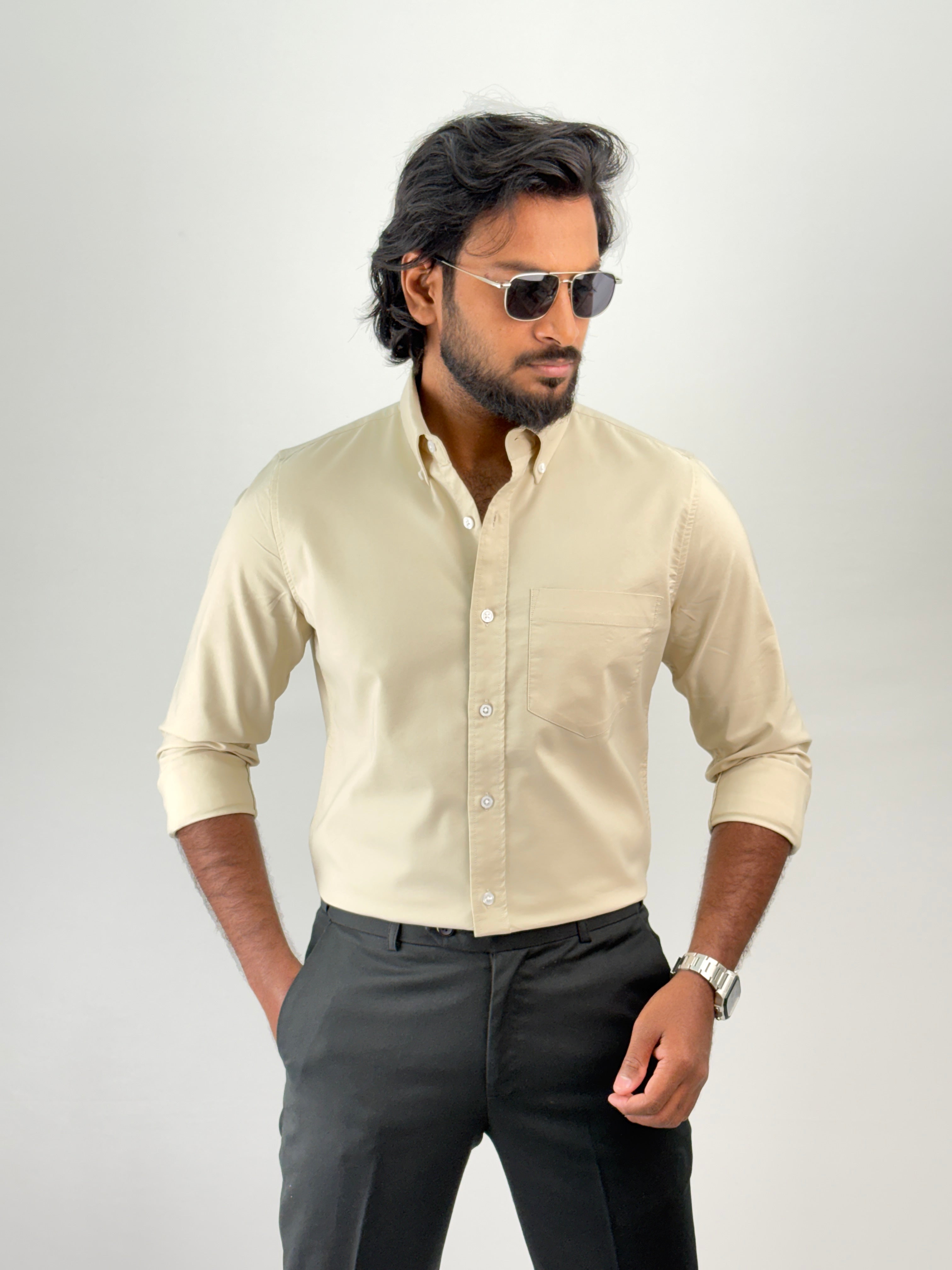 Beige Plain Oxford Shirt 3