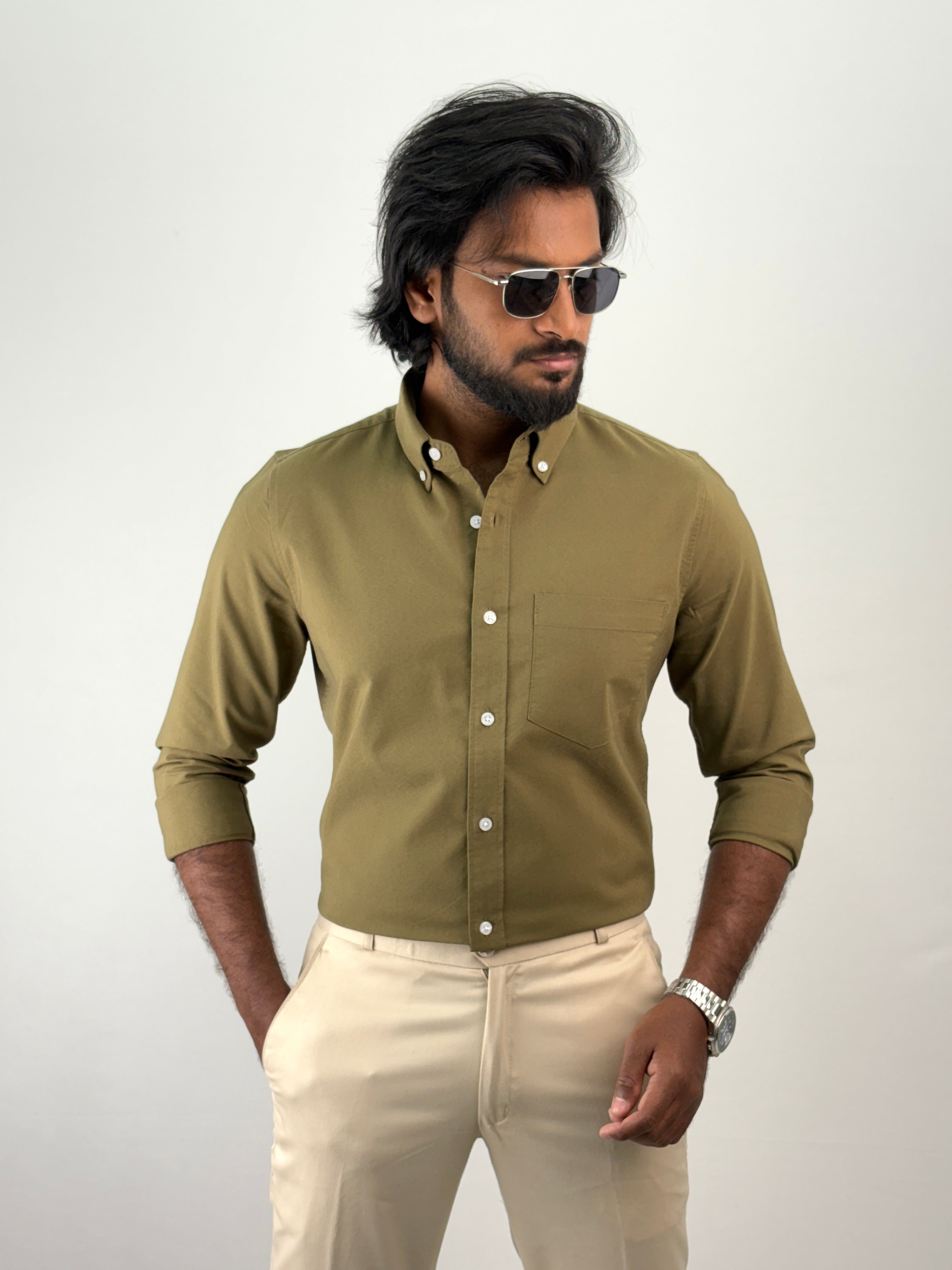 Olive Plain Oxford Shirt 3