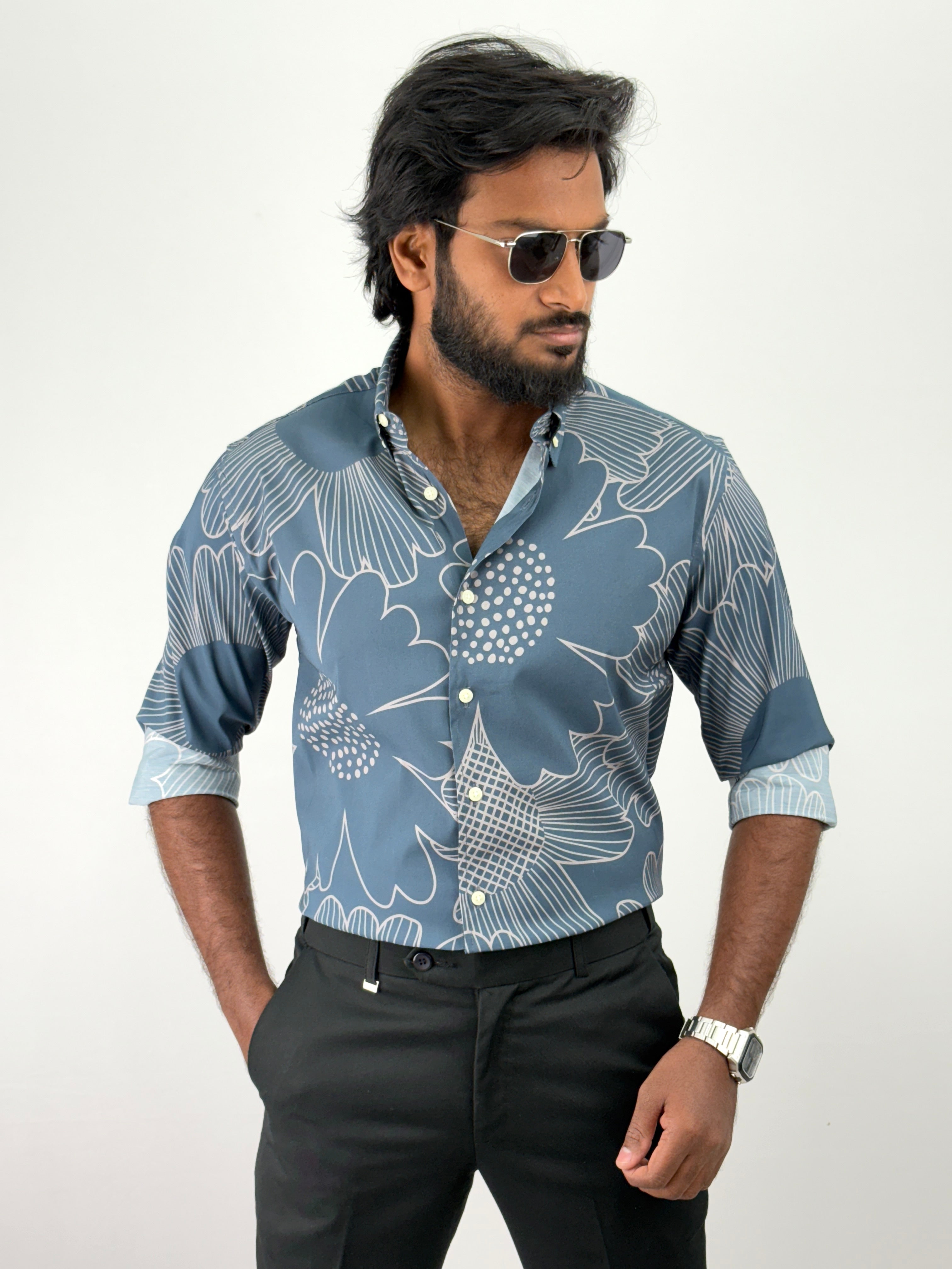 Teal Blue Retro Printed Shirts