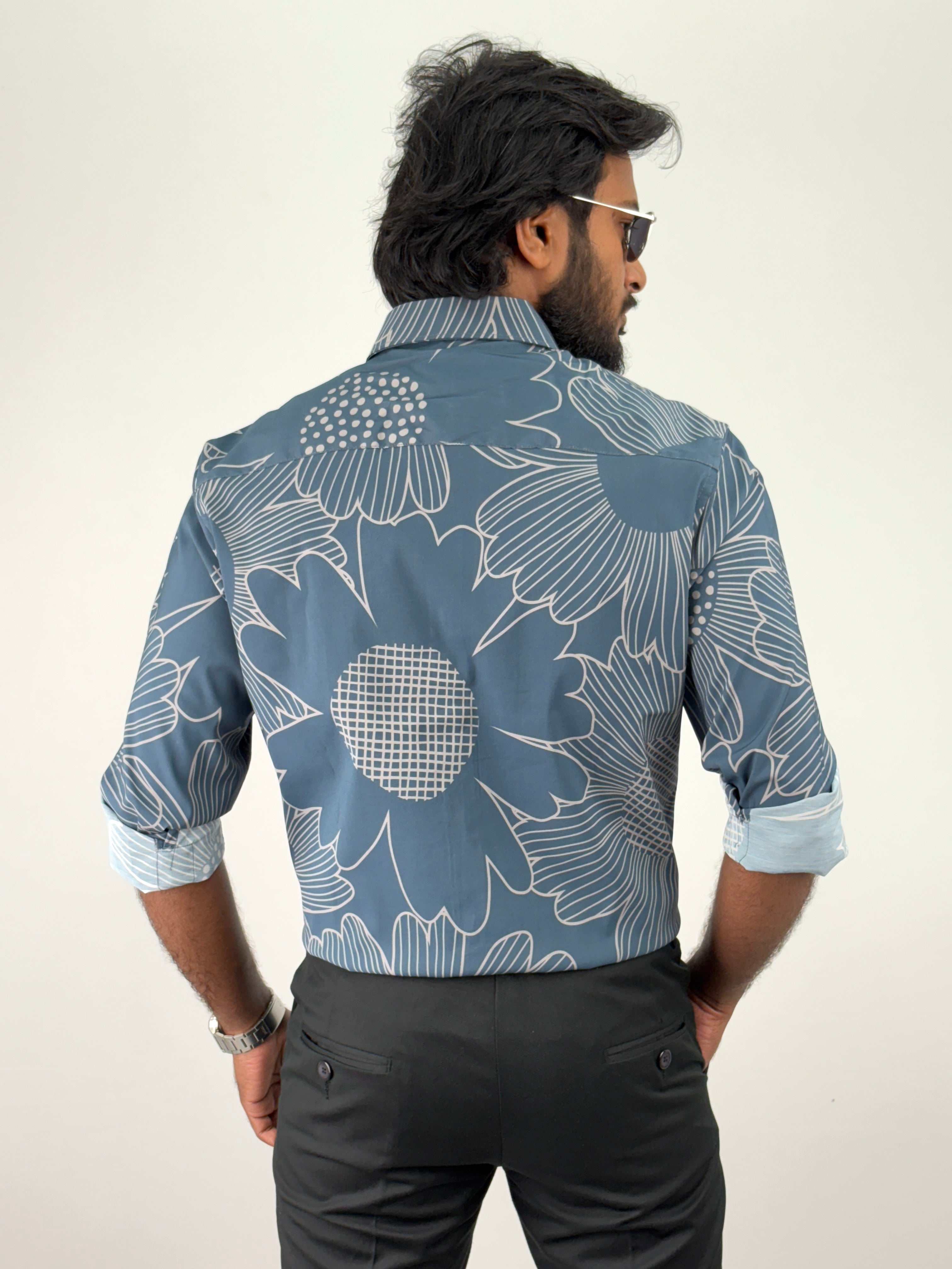 Teal Blue Retro Printed Shirts