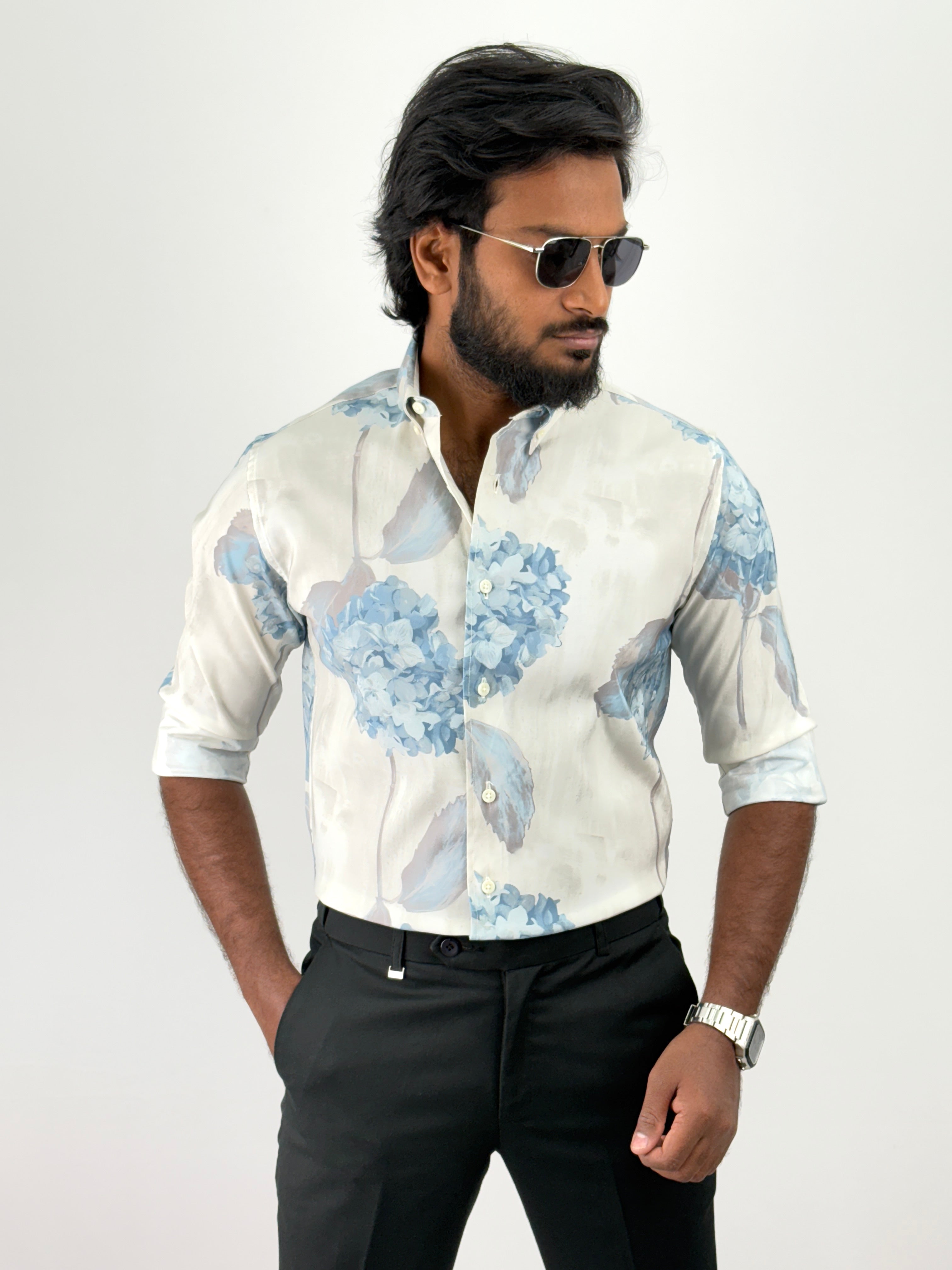 Beige Blue Retro Printed Shirts
