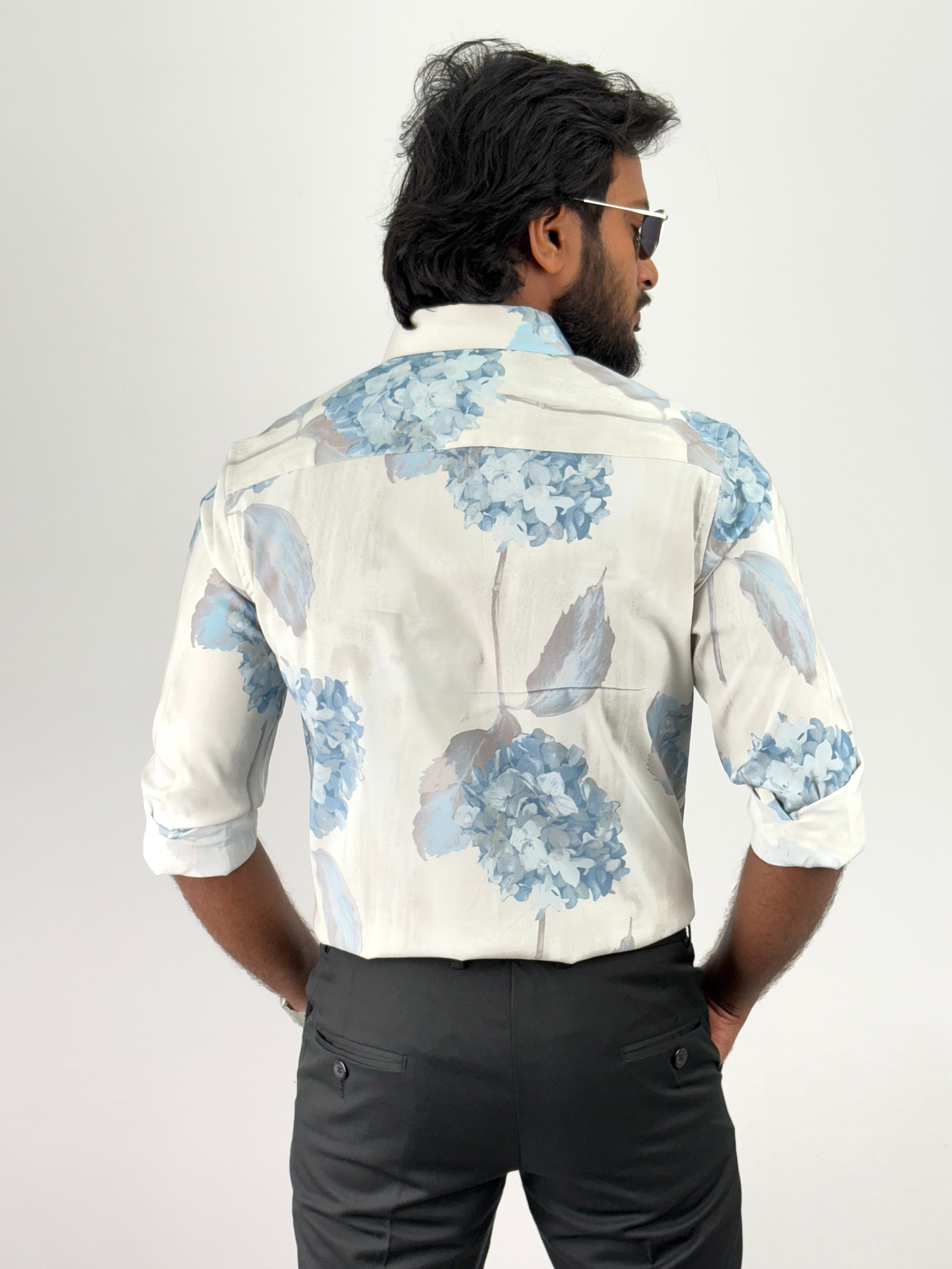 Beige Blue Retro Printed Shirts