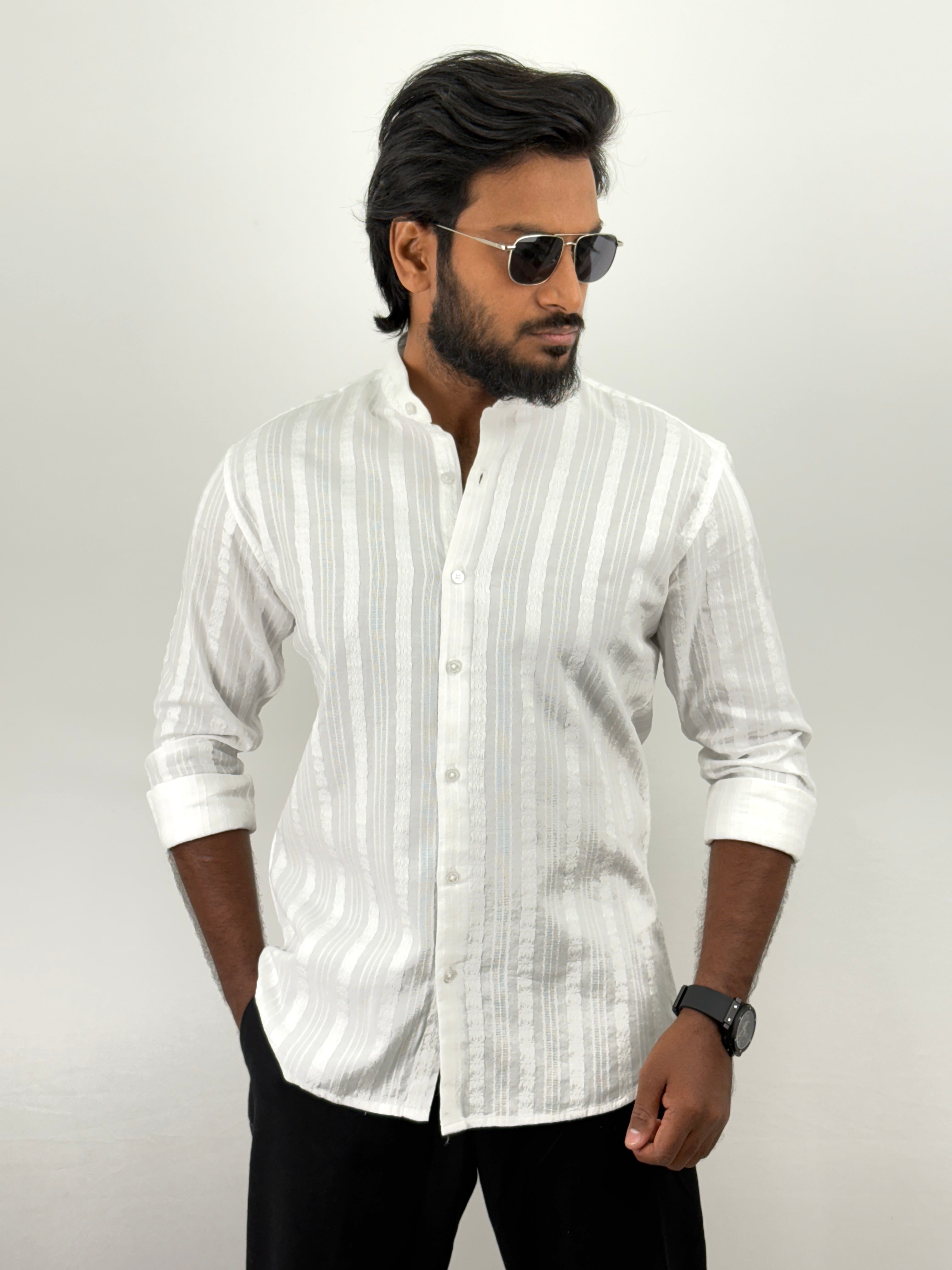 White Mandarin Collar Textured Shirts