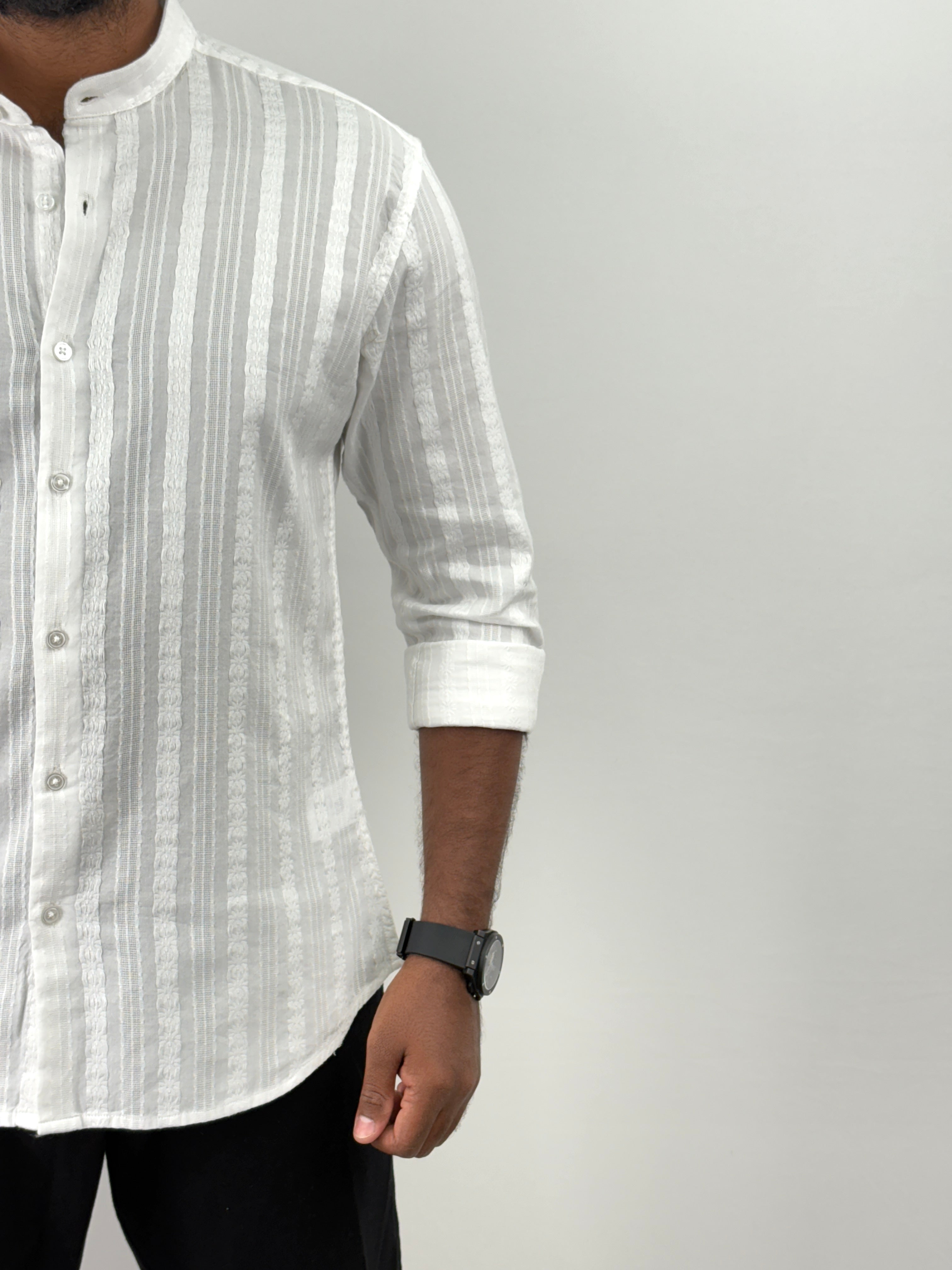 White Mandarin Collar Textured Shirts
