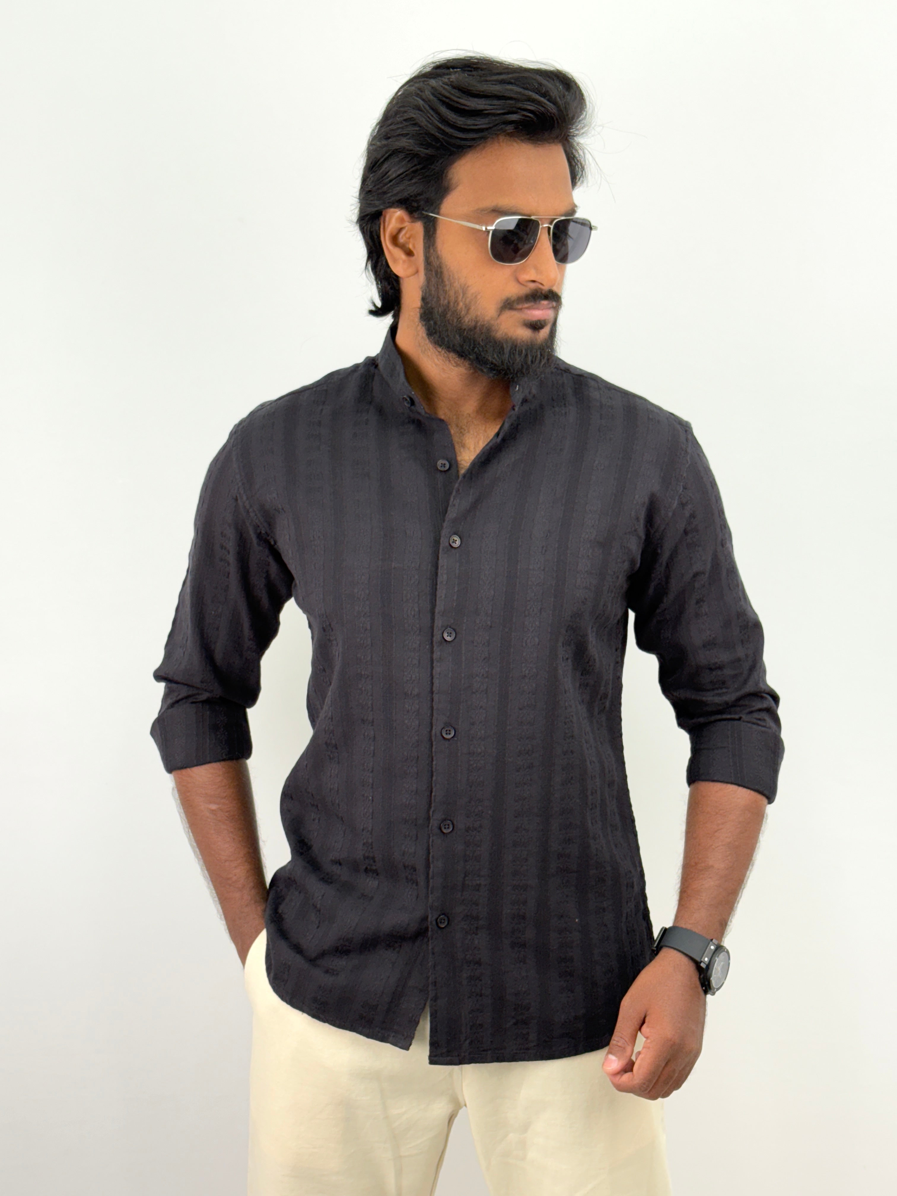 Black Mandarin Collar Textured Shirts
