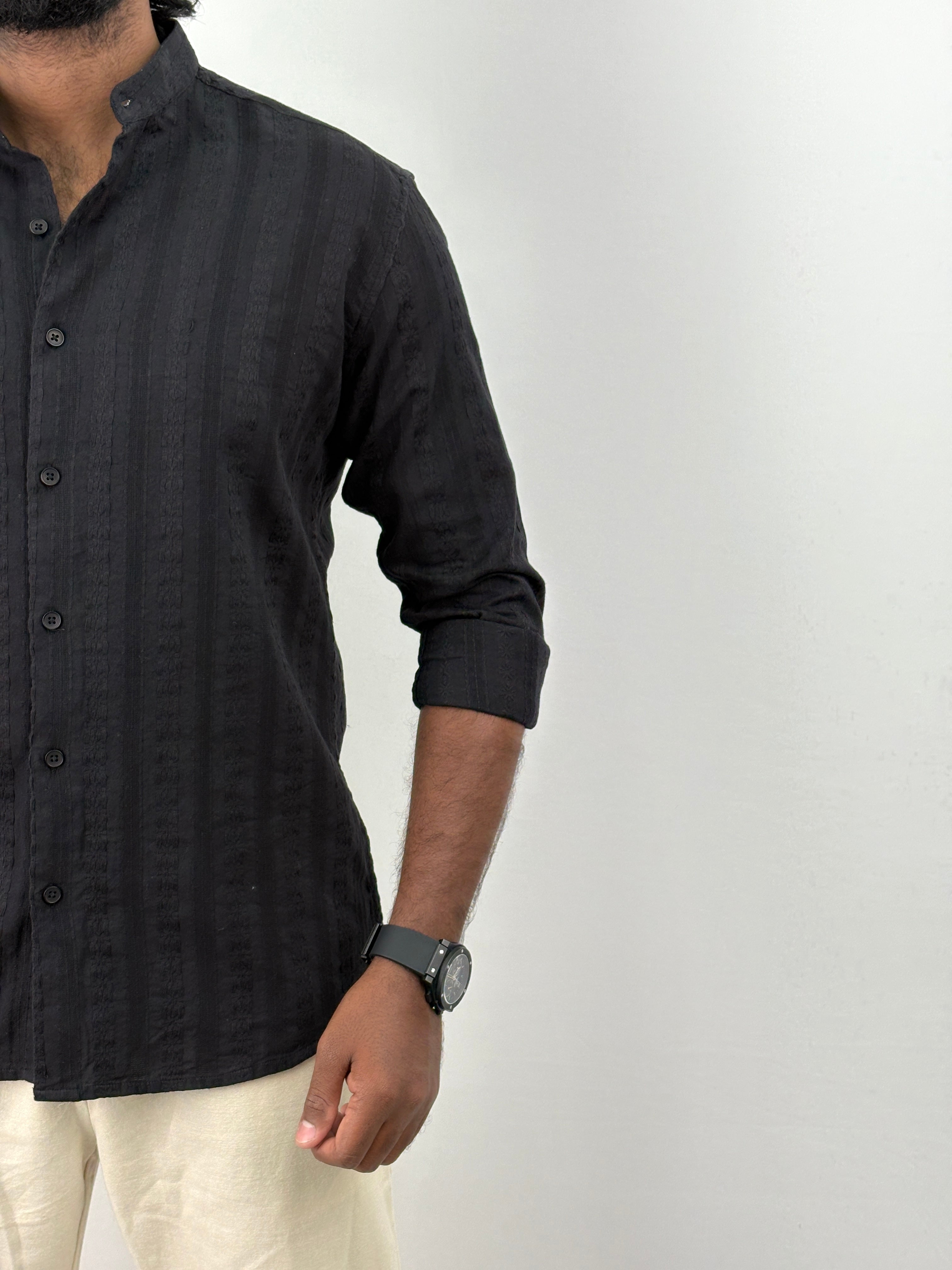 Black Mandarin Collar Textured Shirts