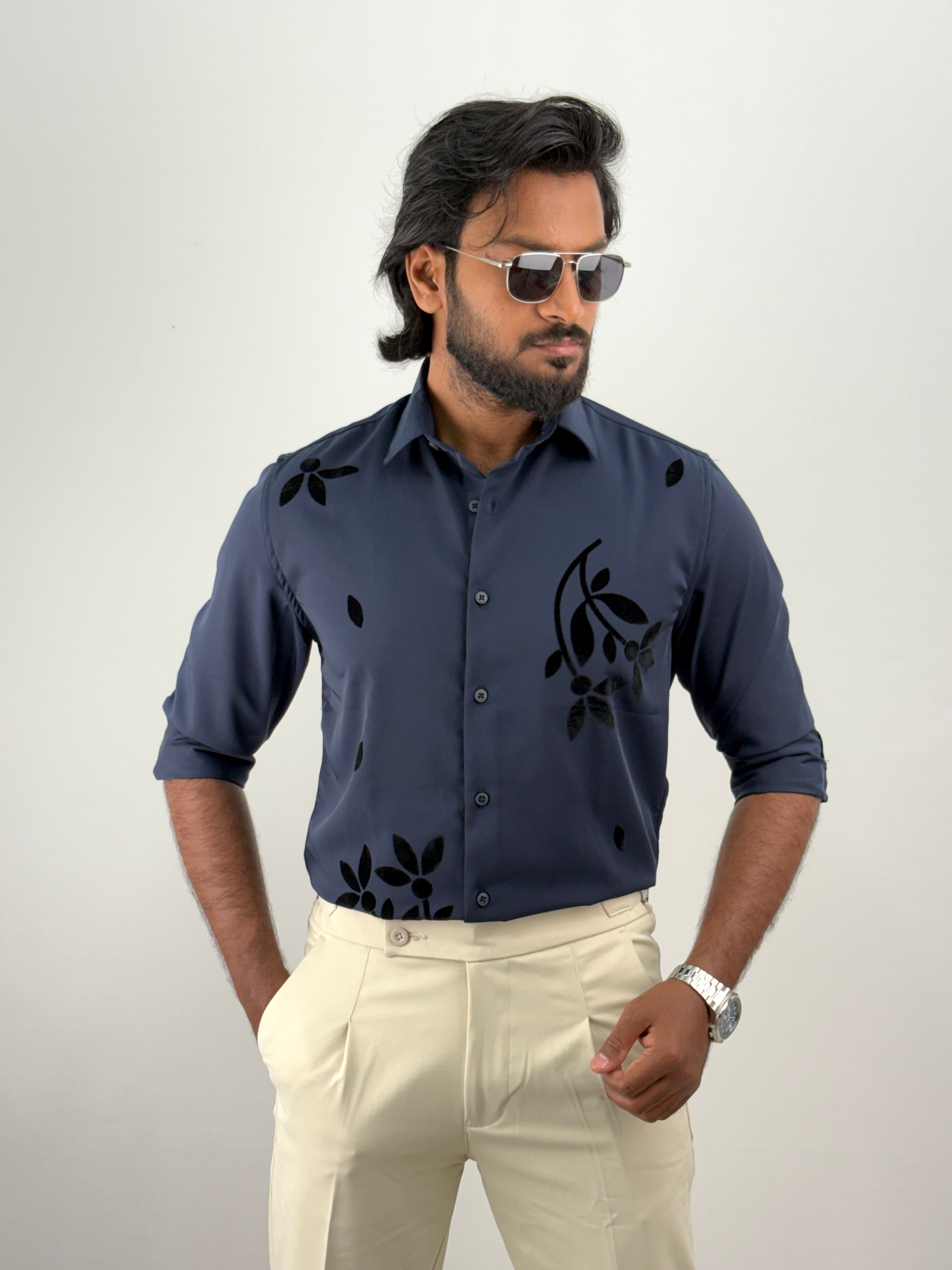 Navy Flock Printed Shirt