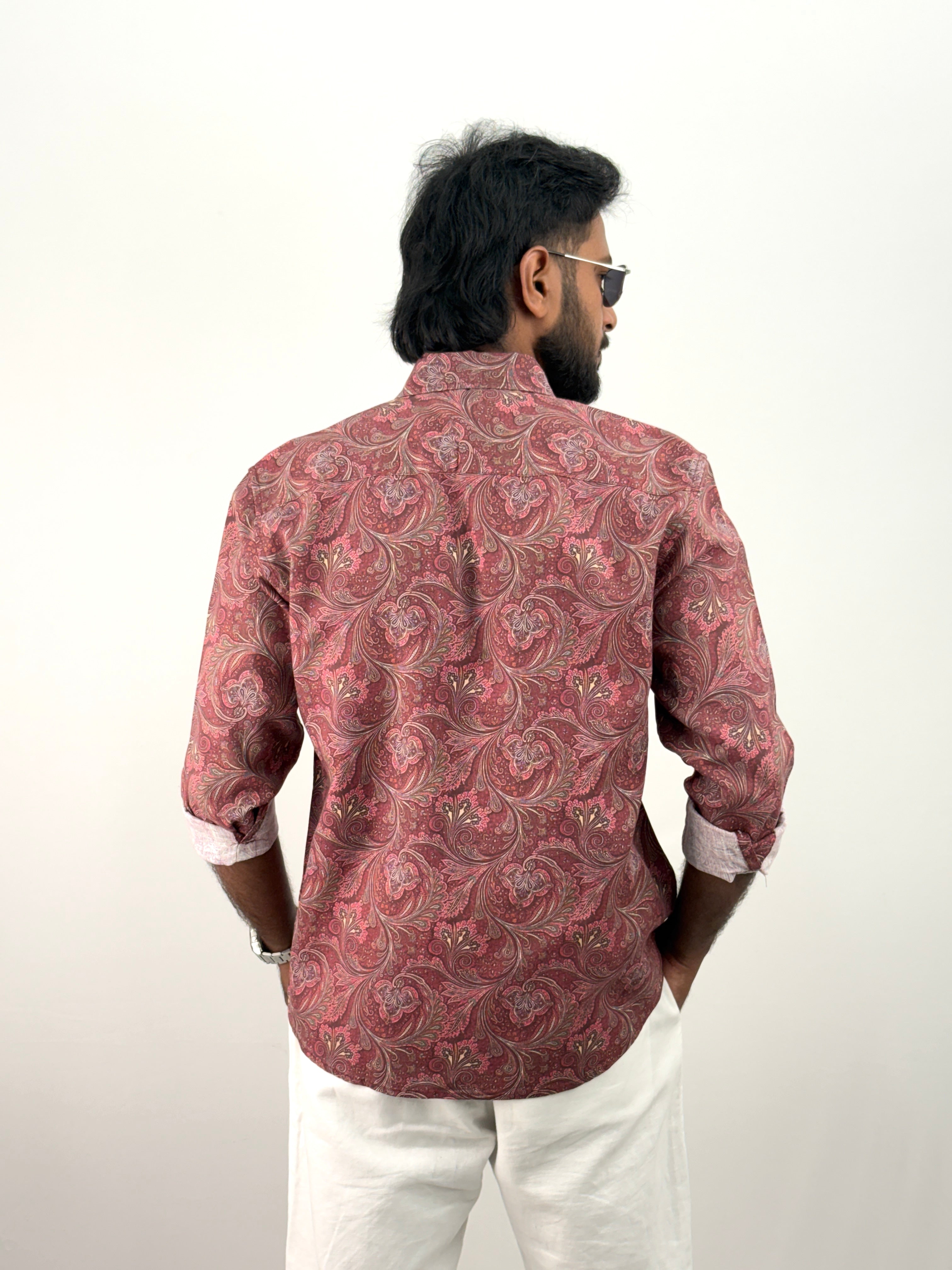 Burgundy Linen Printed Shirt