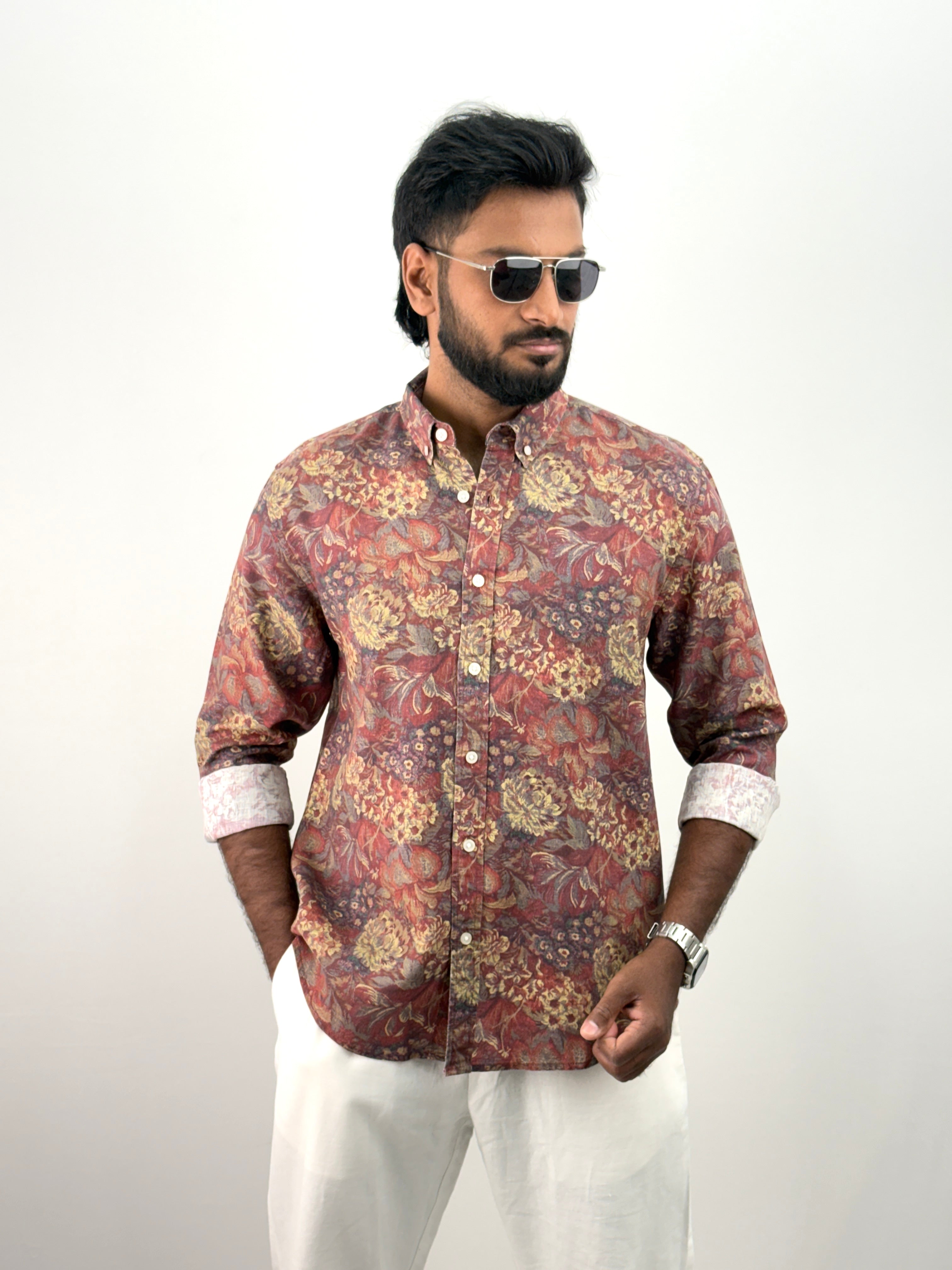Red Linen Printed Shirt