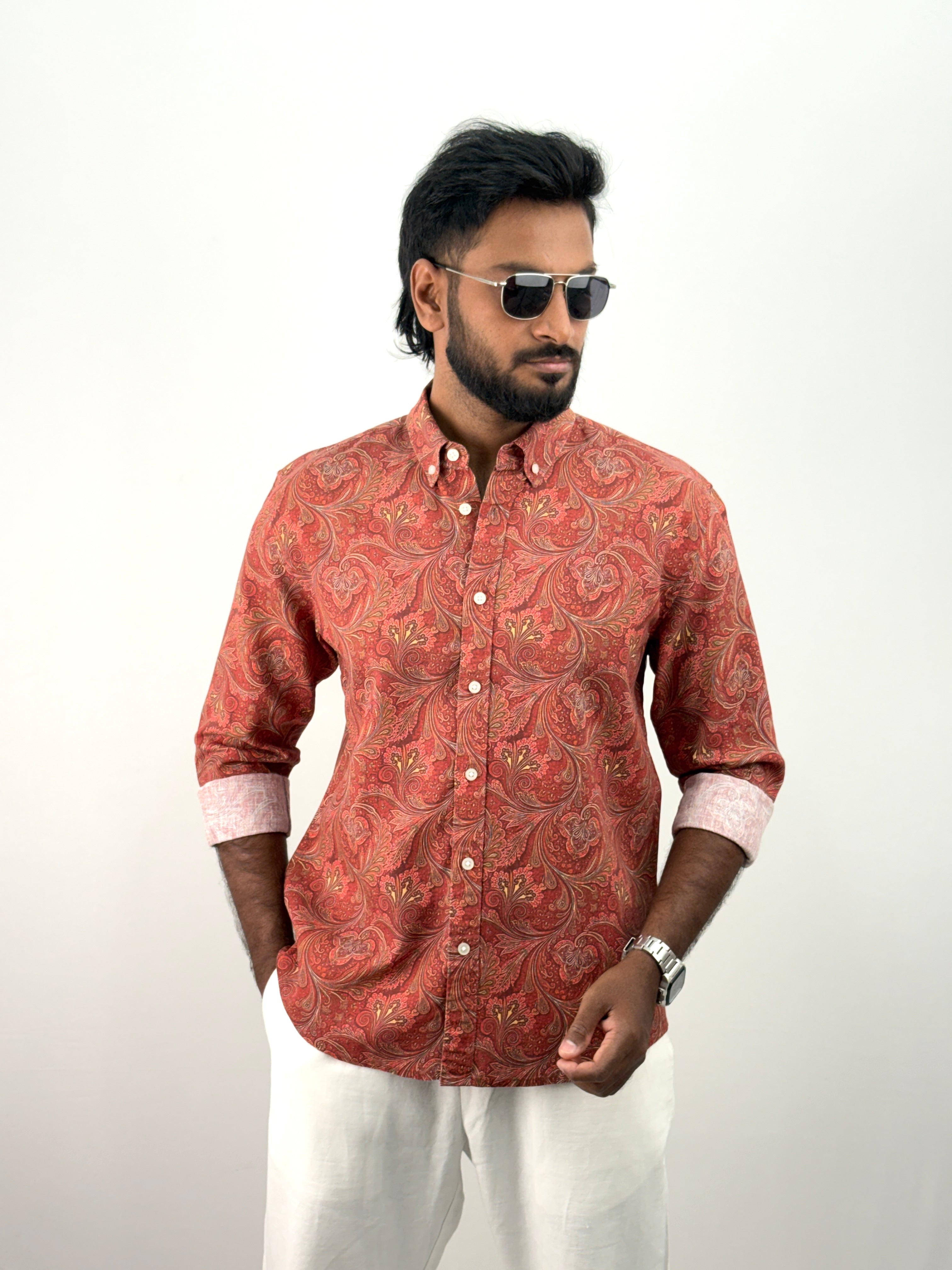 Brick Red Linen Printed Shirt