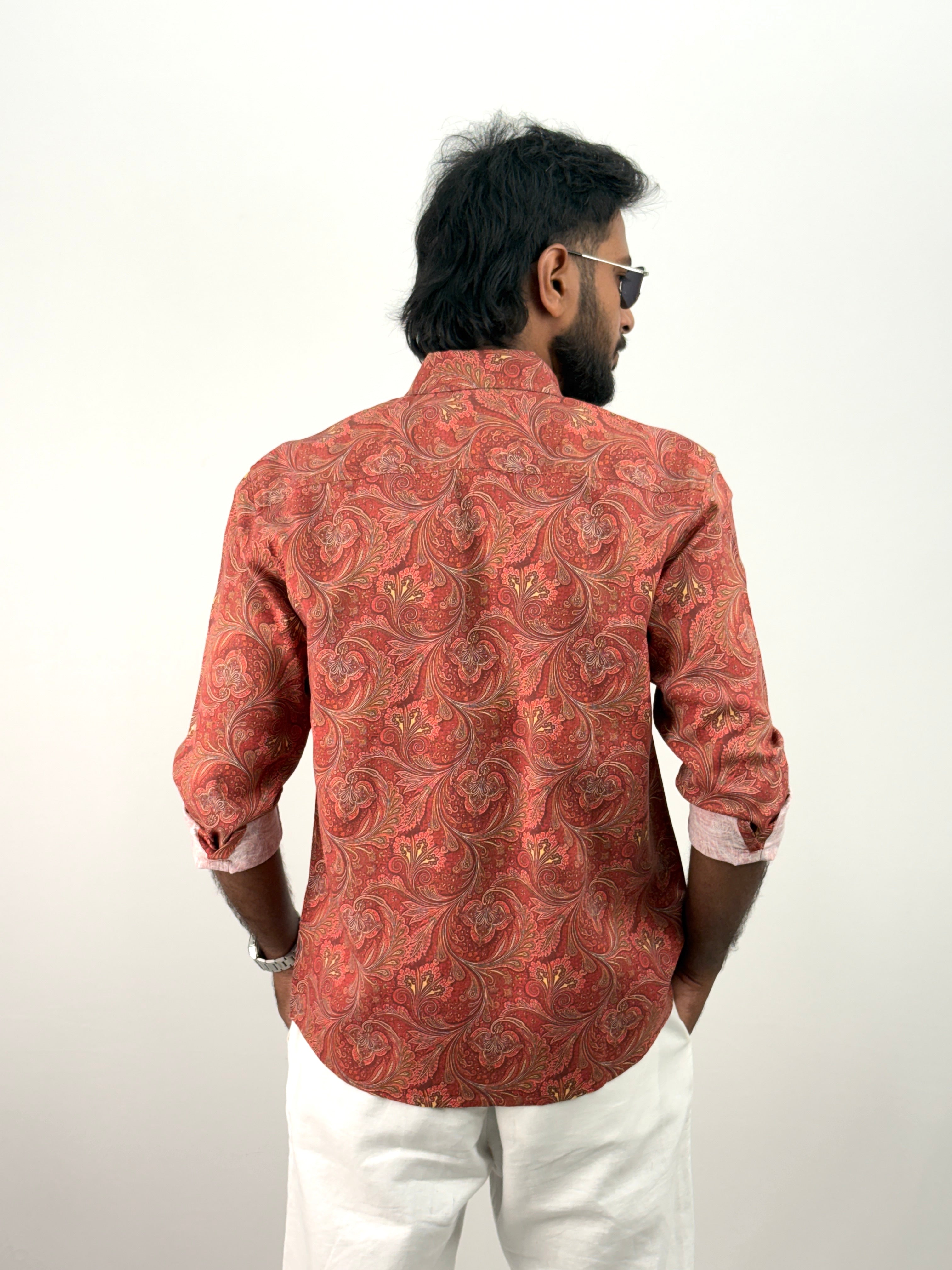Brick Red Linen Printed Shirt