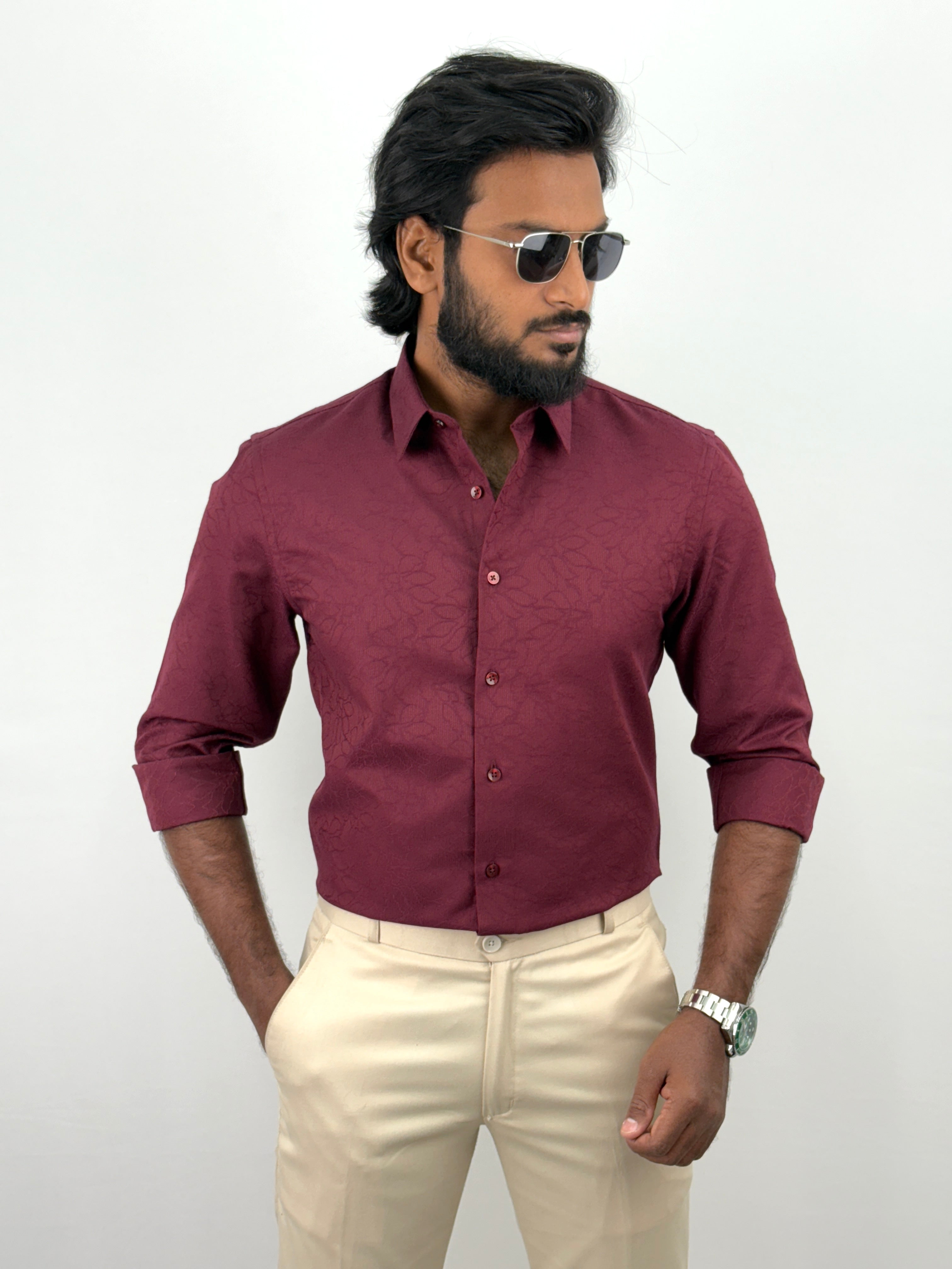 Maroon Jacquard Textured Shirts
