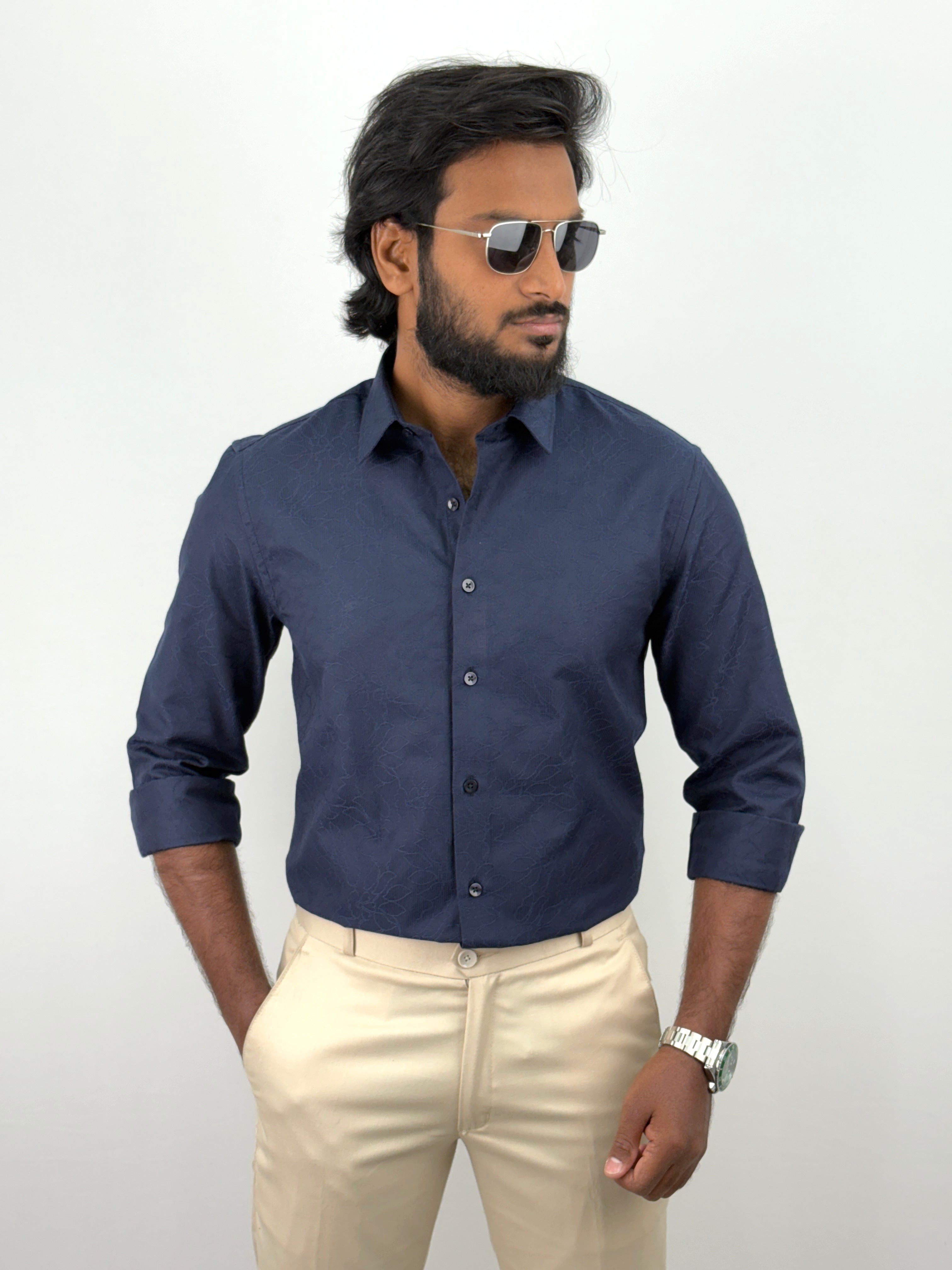 Navy Jacquard Textured Shirts