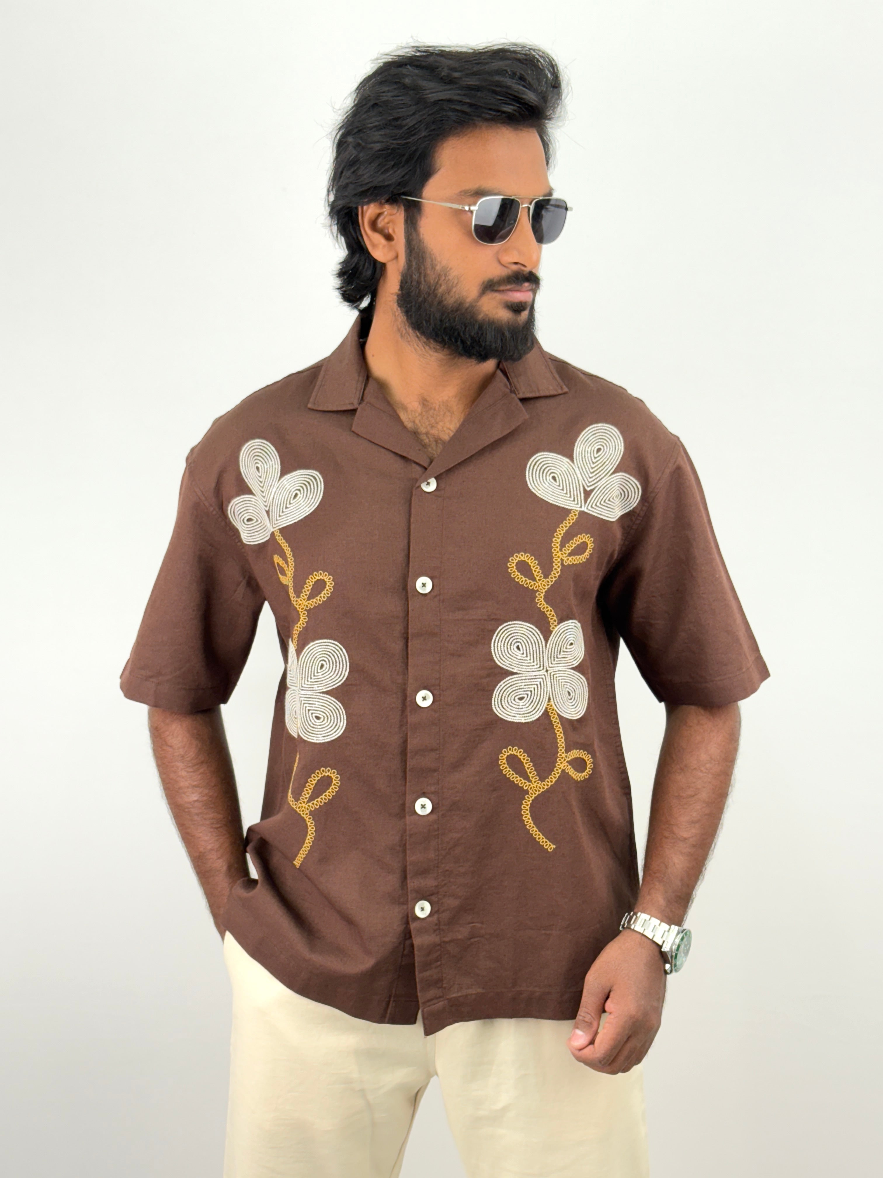 Brown Half Sleeve Embroidery Shirts