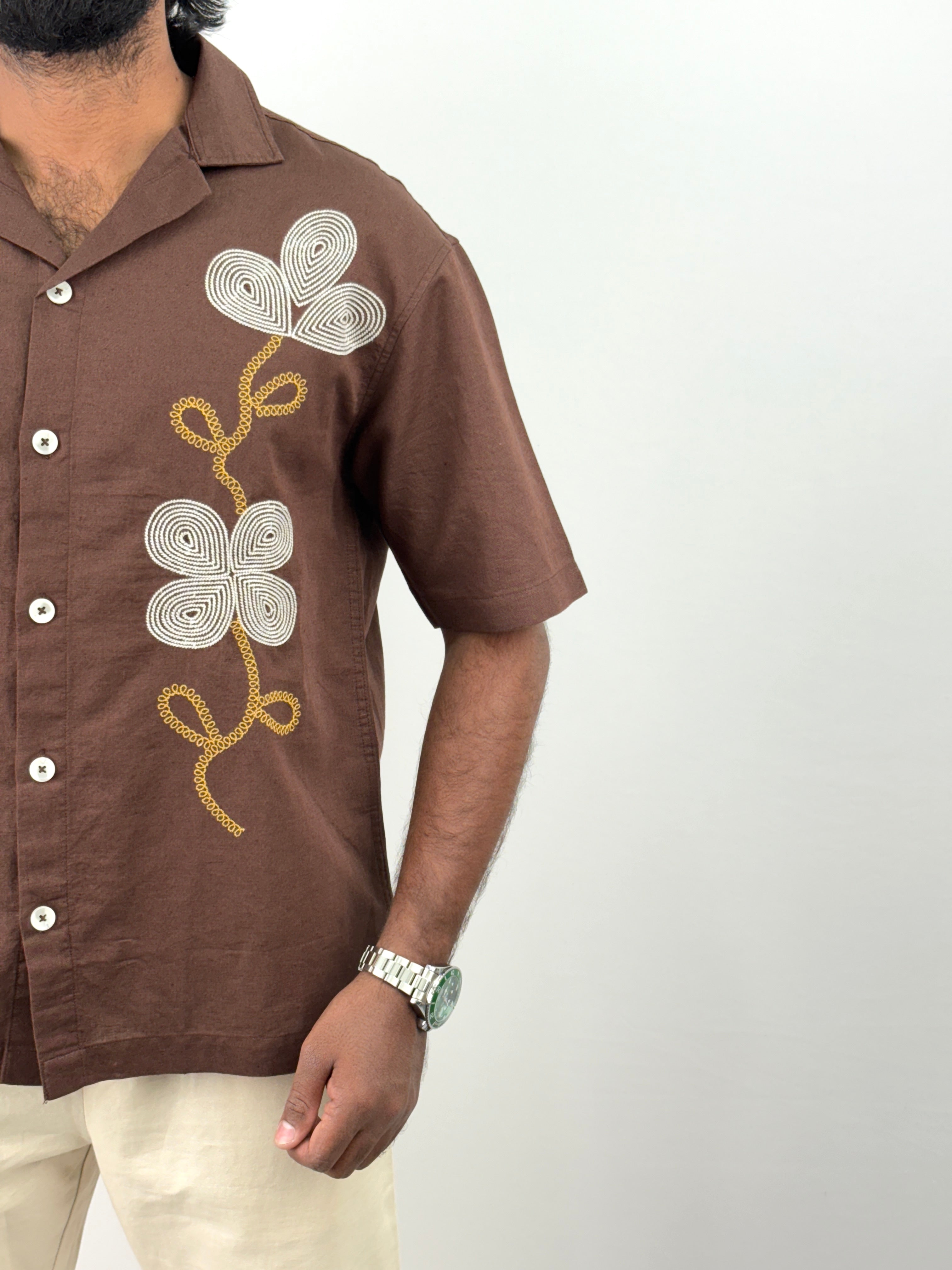 Brown Half Sleeve Embroidery Shirts