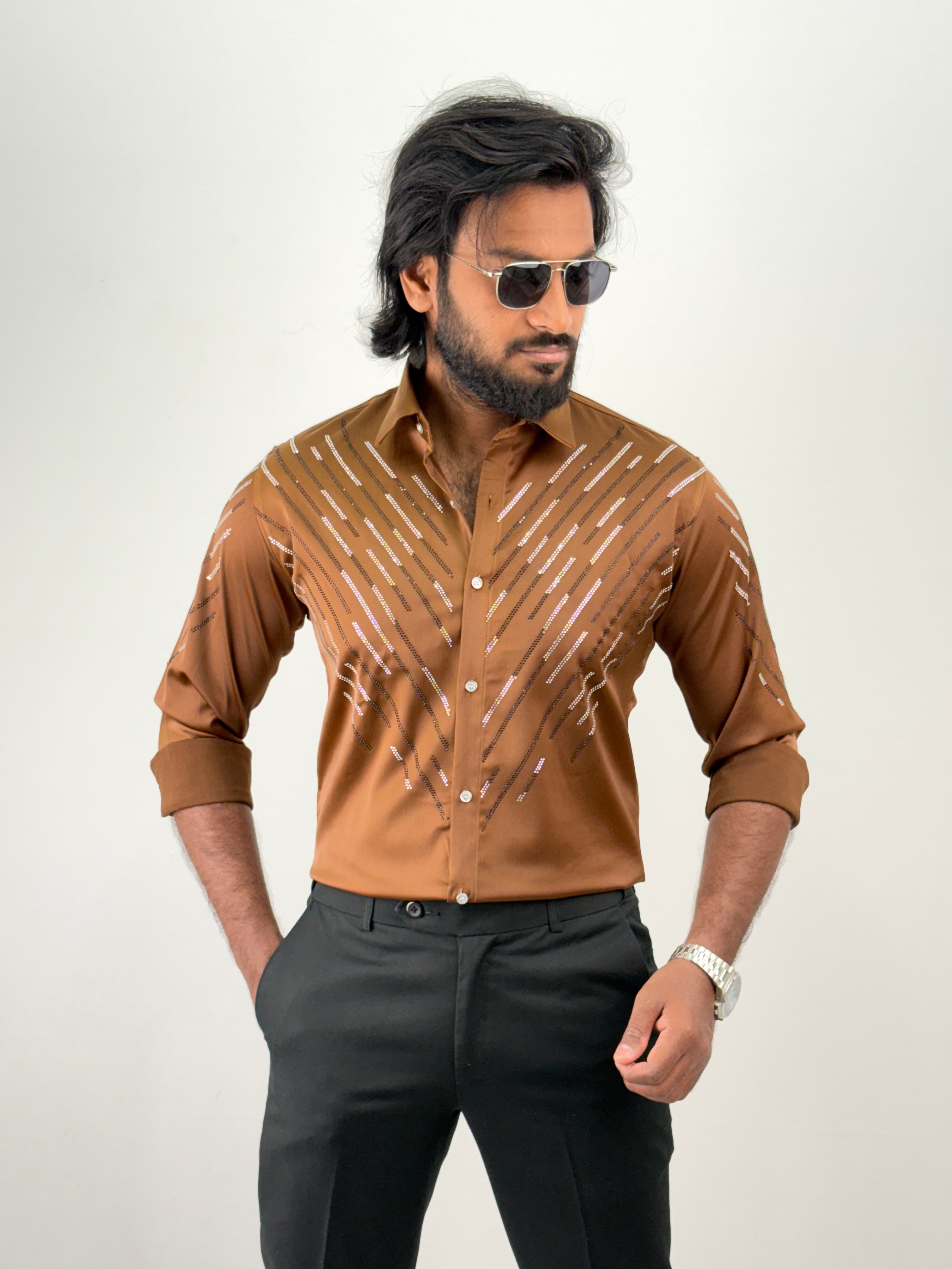Brown Designer Stone Work Shirt 7