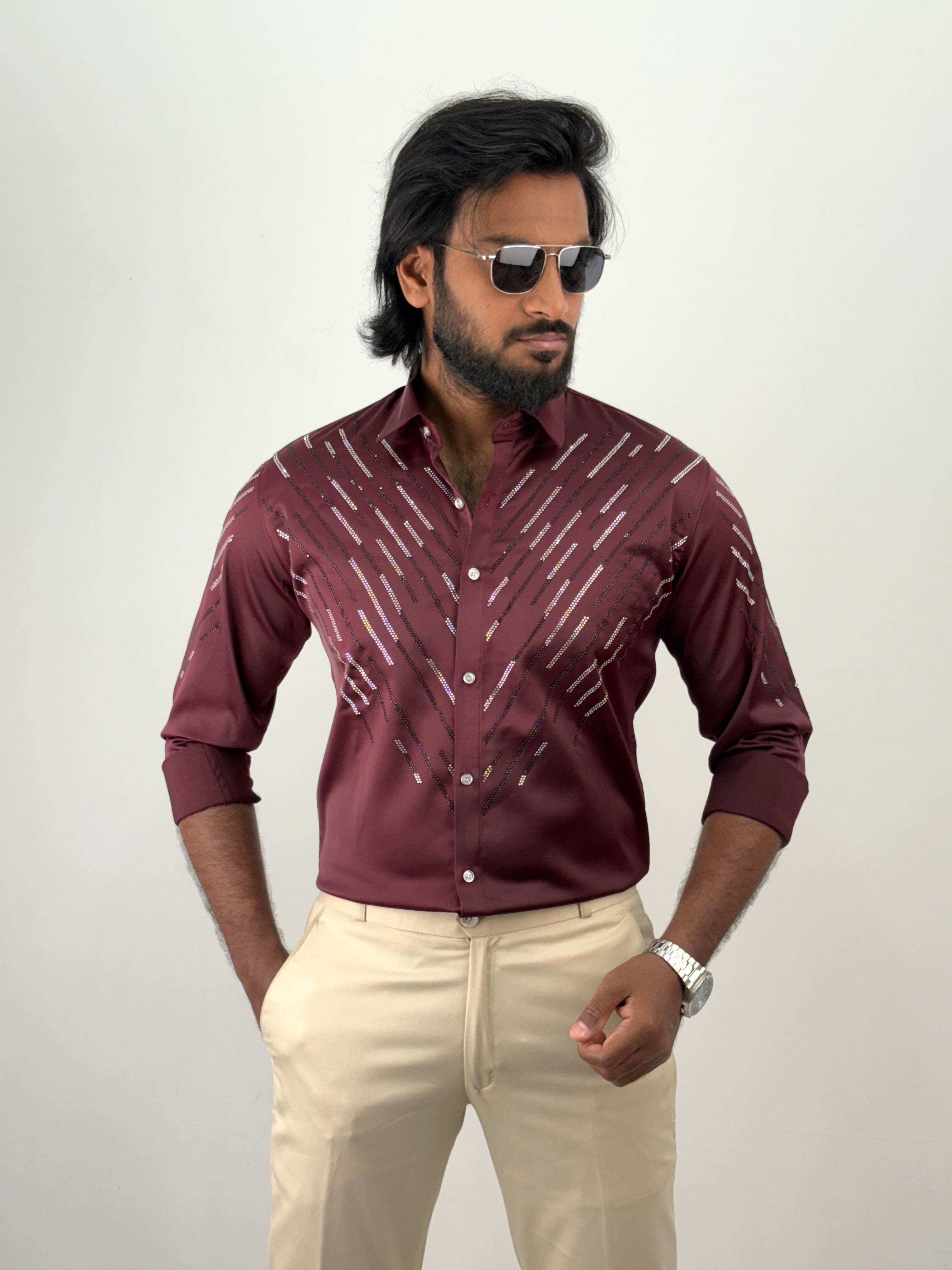 Maroon Designer Stone Work Shirt 7