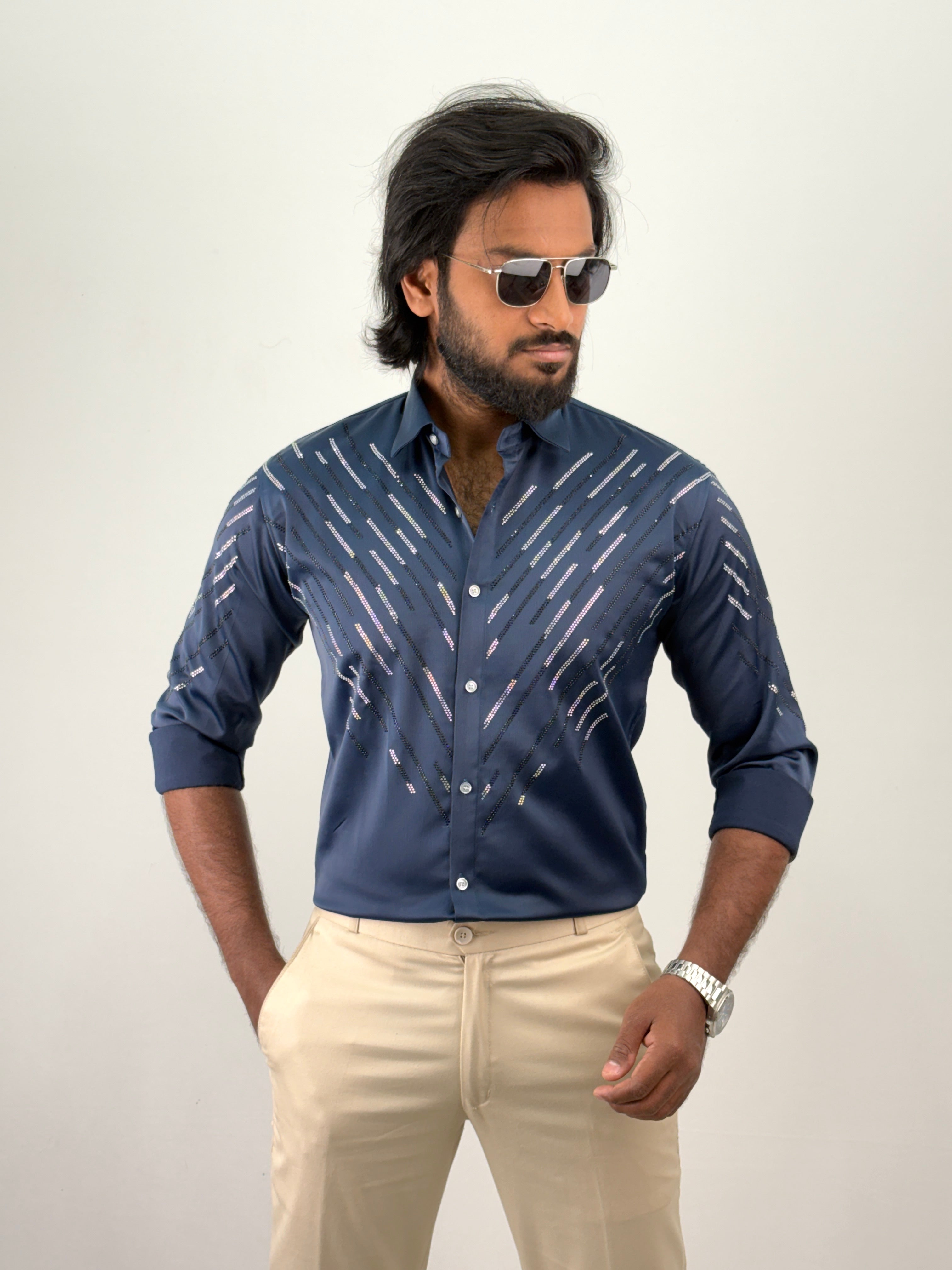 Navy Designer Stone Work Shirt 7