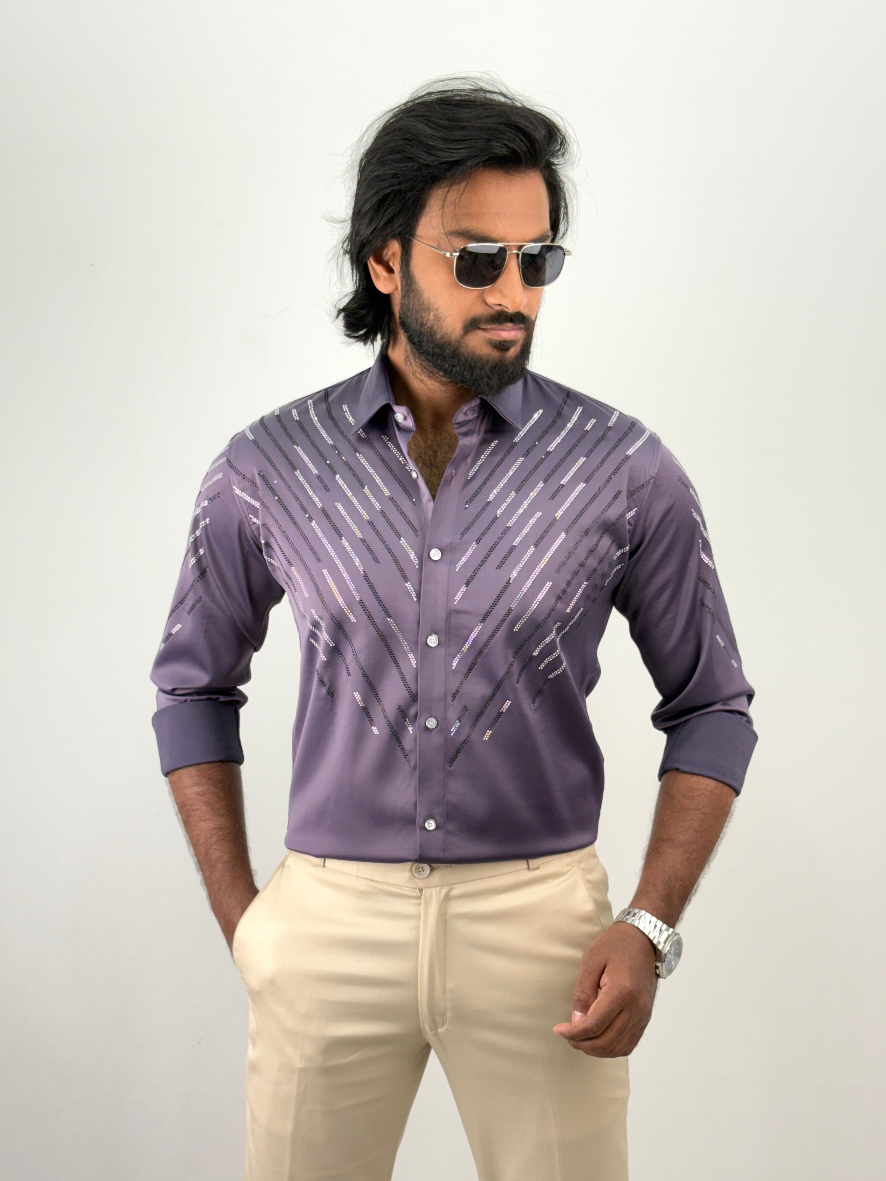 Dark Lavender Designer Stone Work Shirt 7