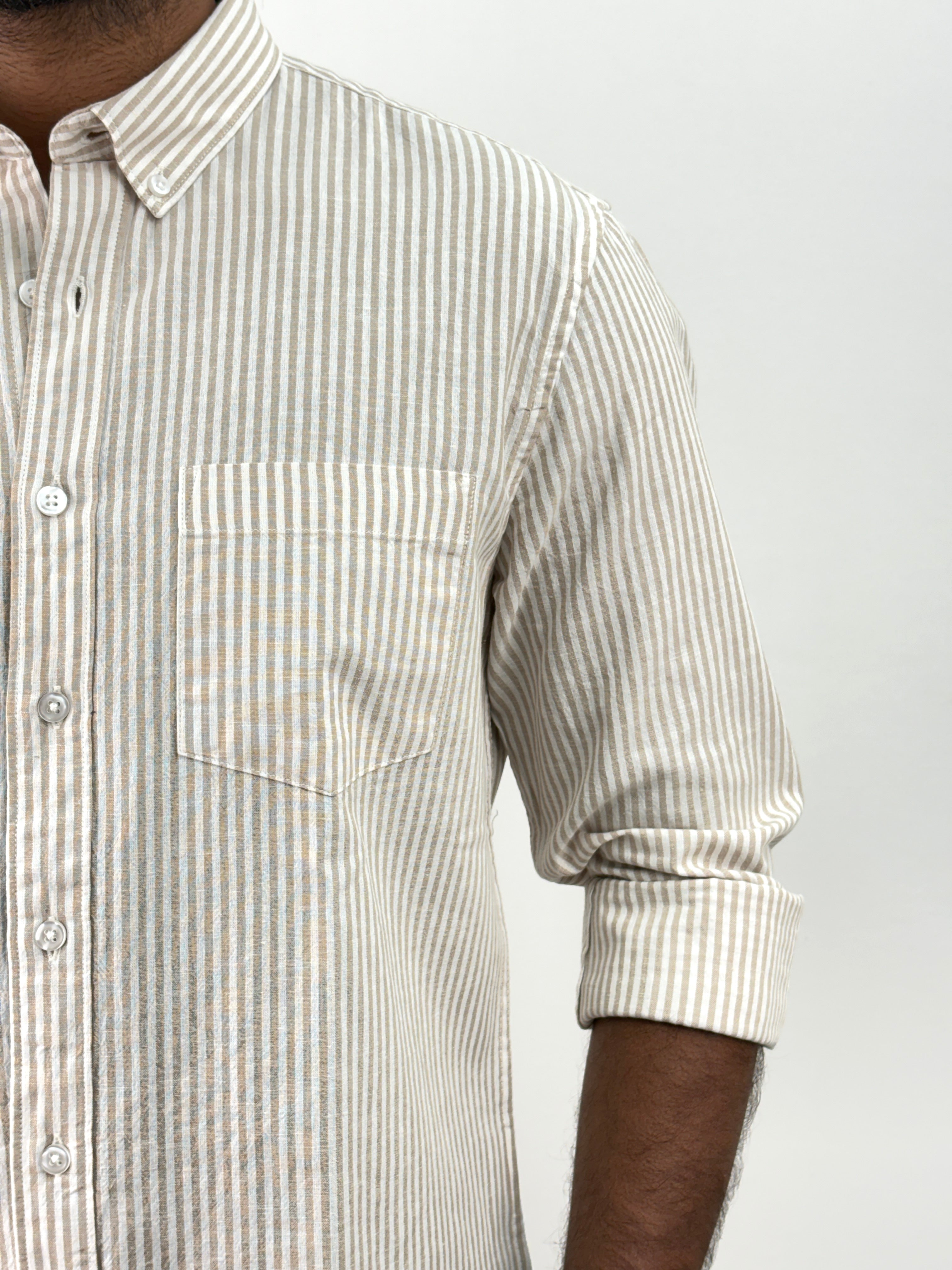 Beige Old Money Linen Stripe Shirt