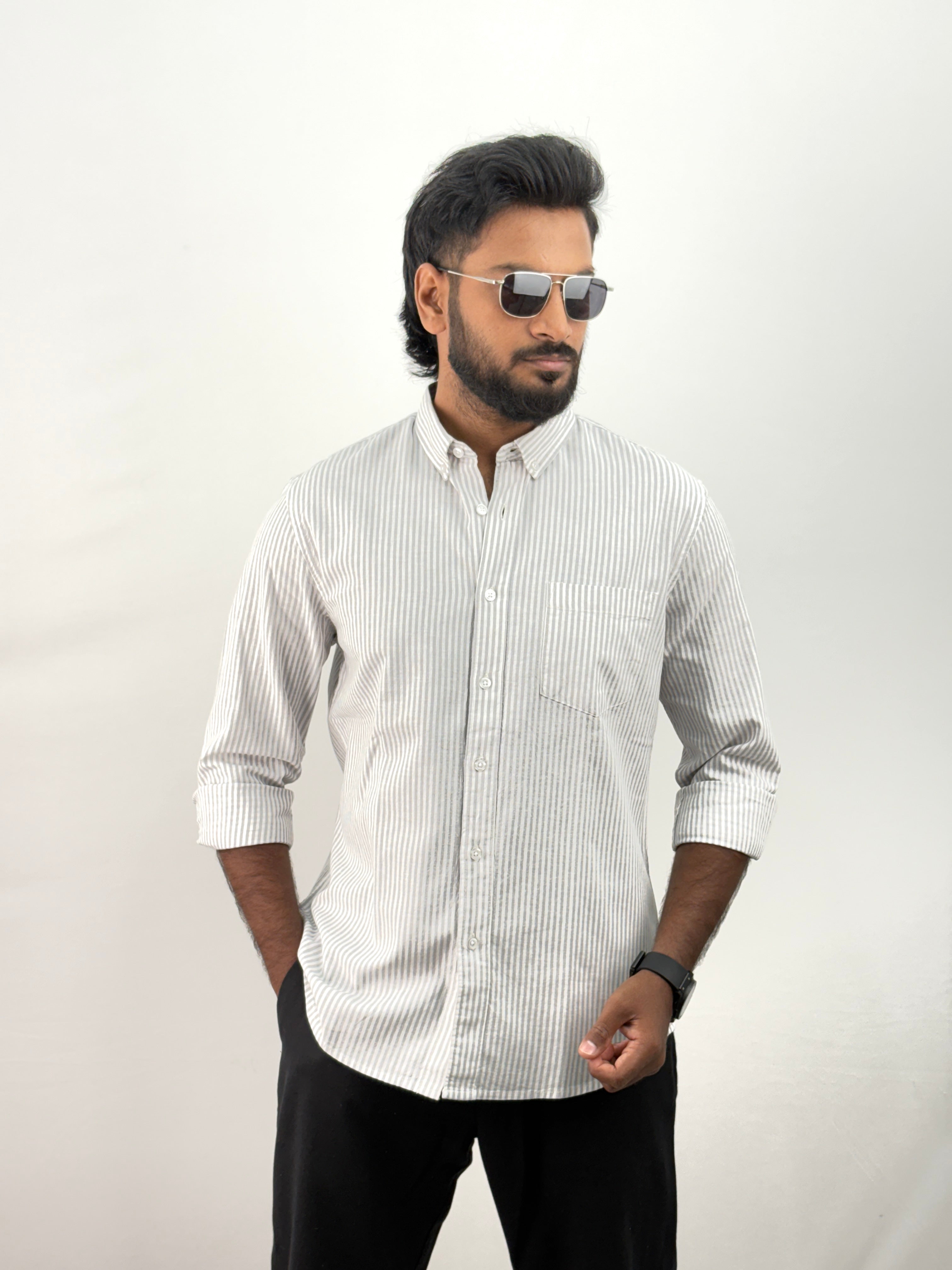 Grey Old Money Linen Stripe Shirt