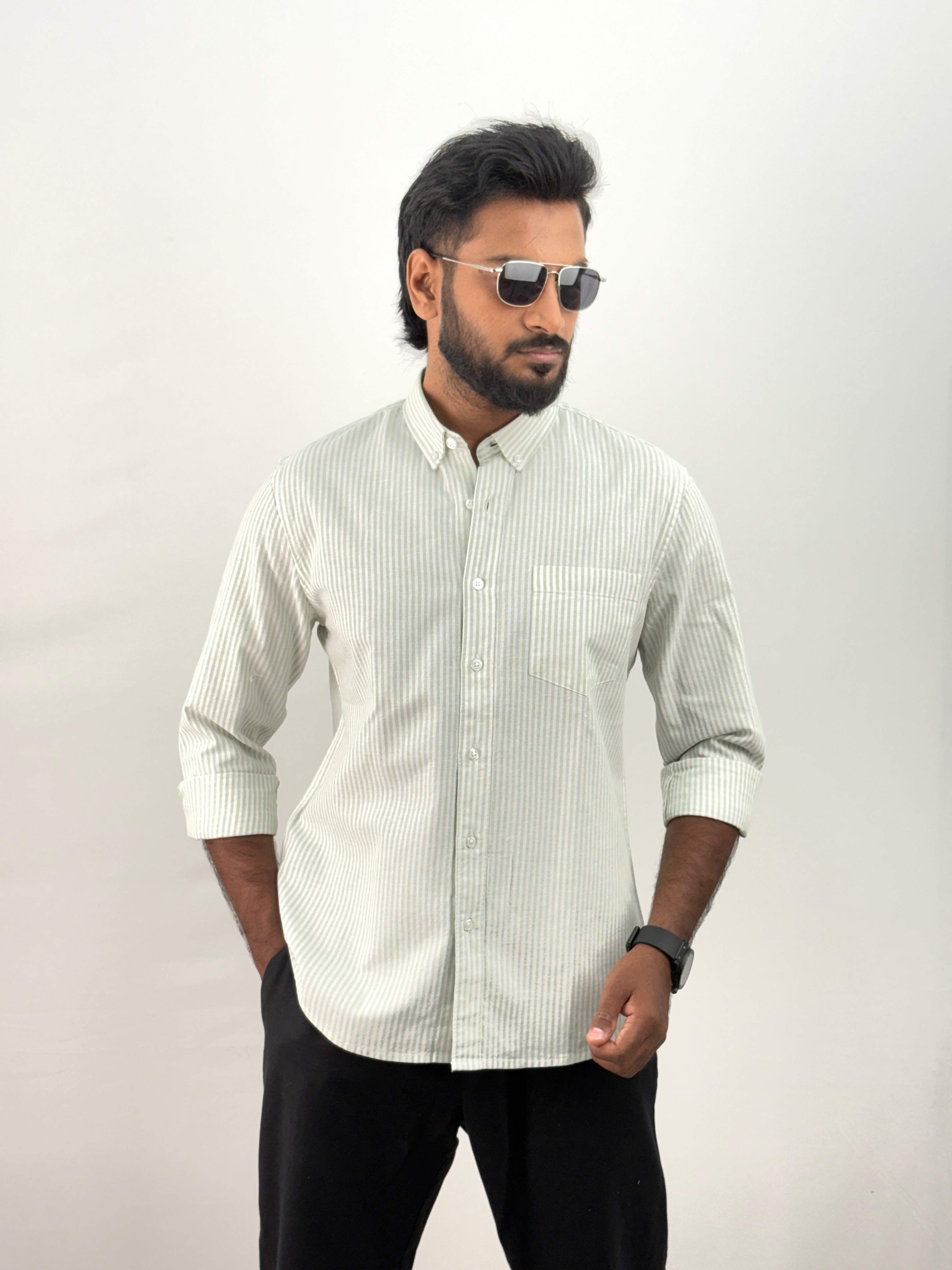 Green Old Money Linen Stripe Shirt
