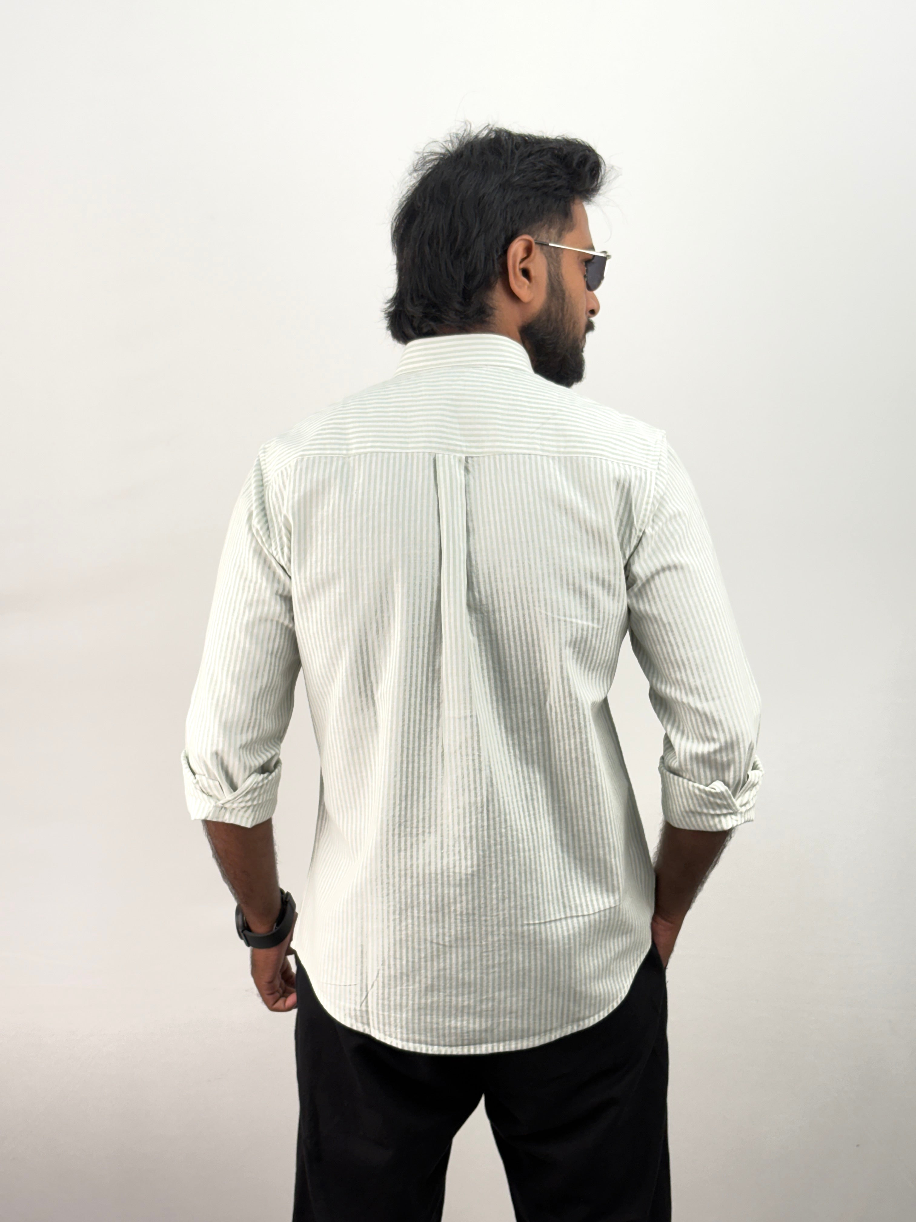 Green Old Money Linen Stripe Shirt