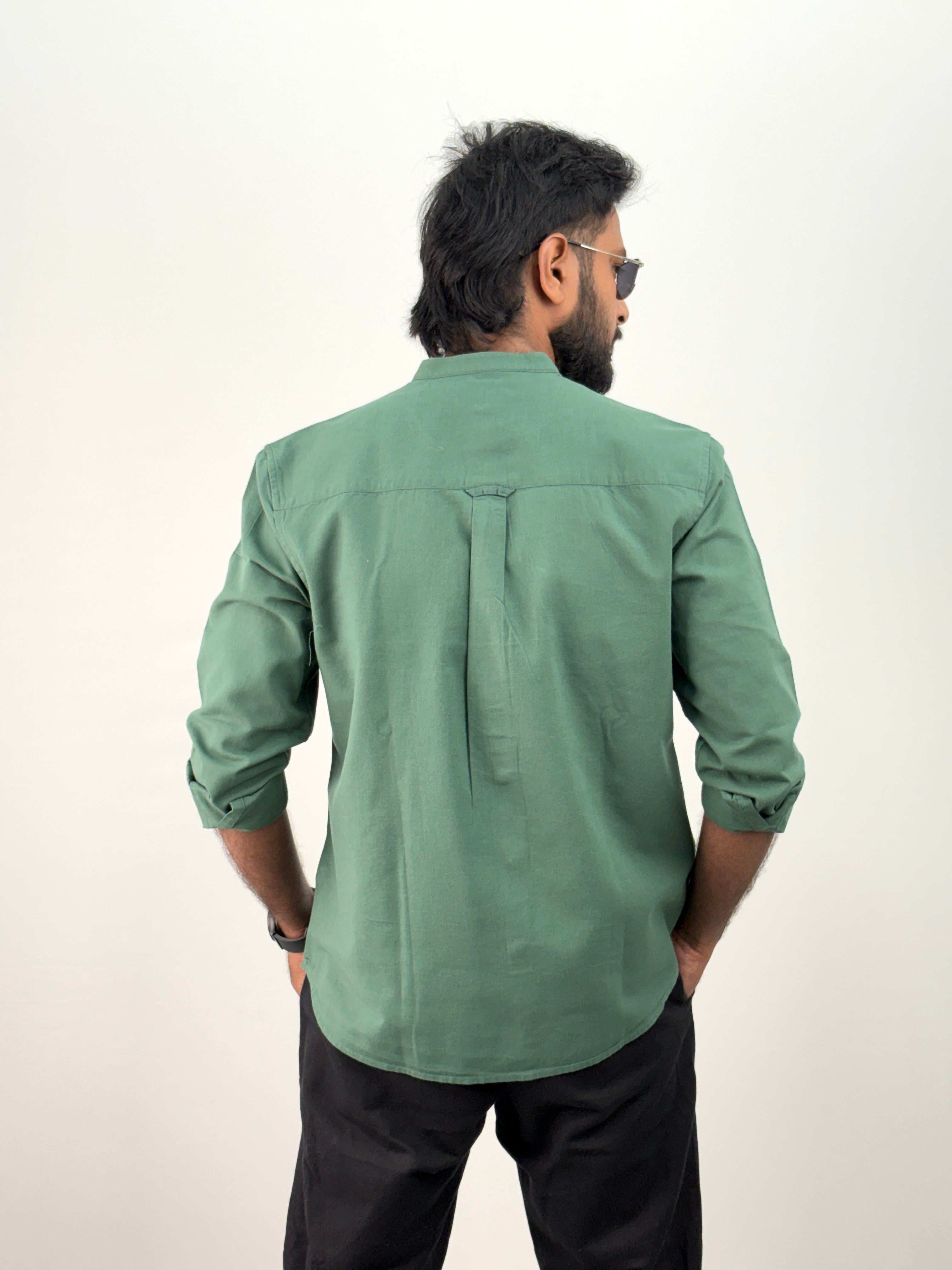 Green Mandarin Collar Linen Shirt