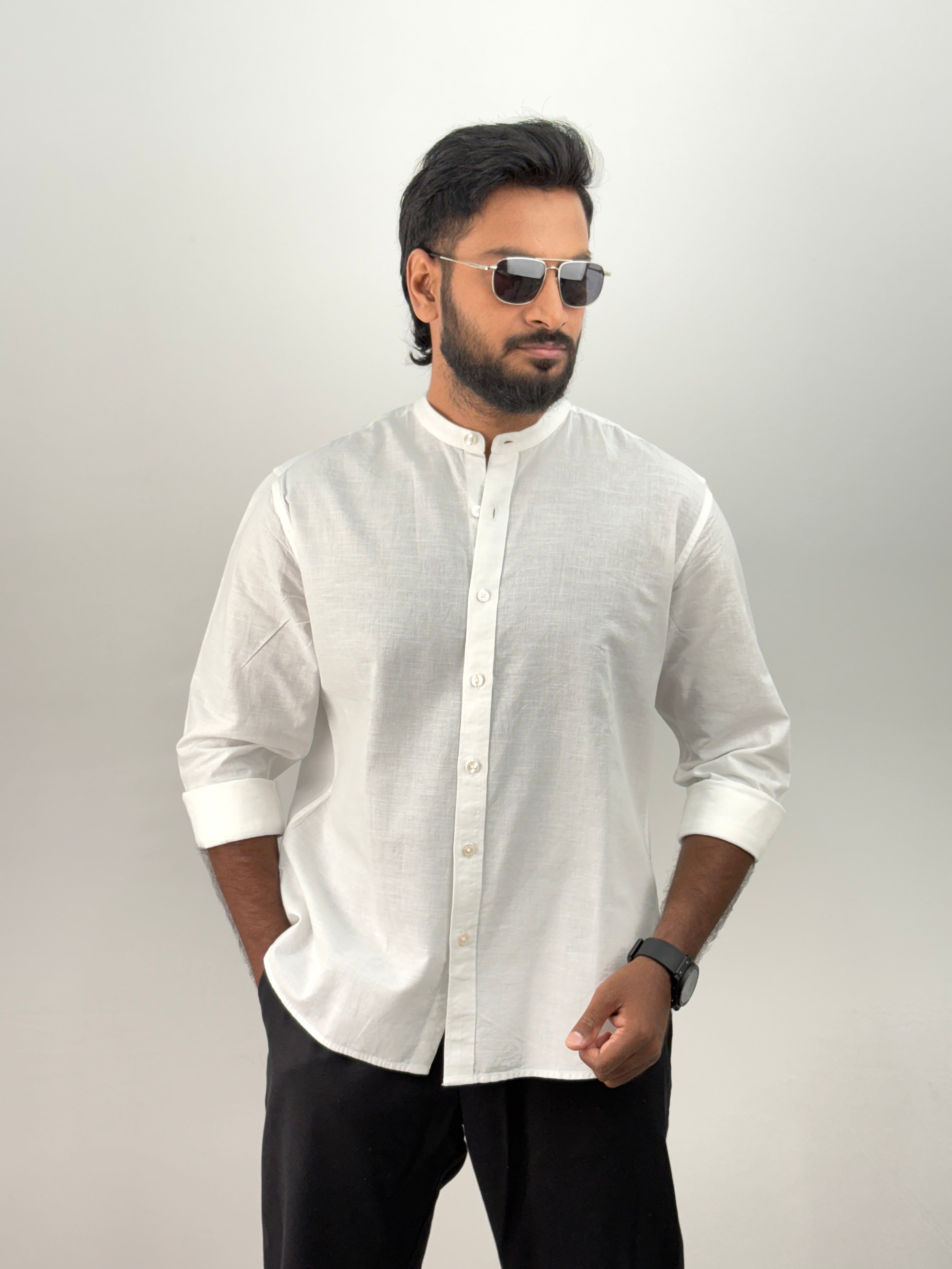 White Mandarin Collar Linen Shirt
