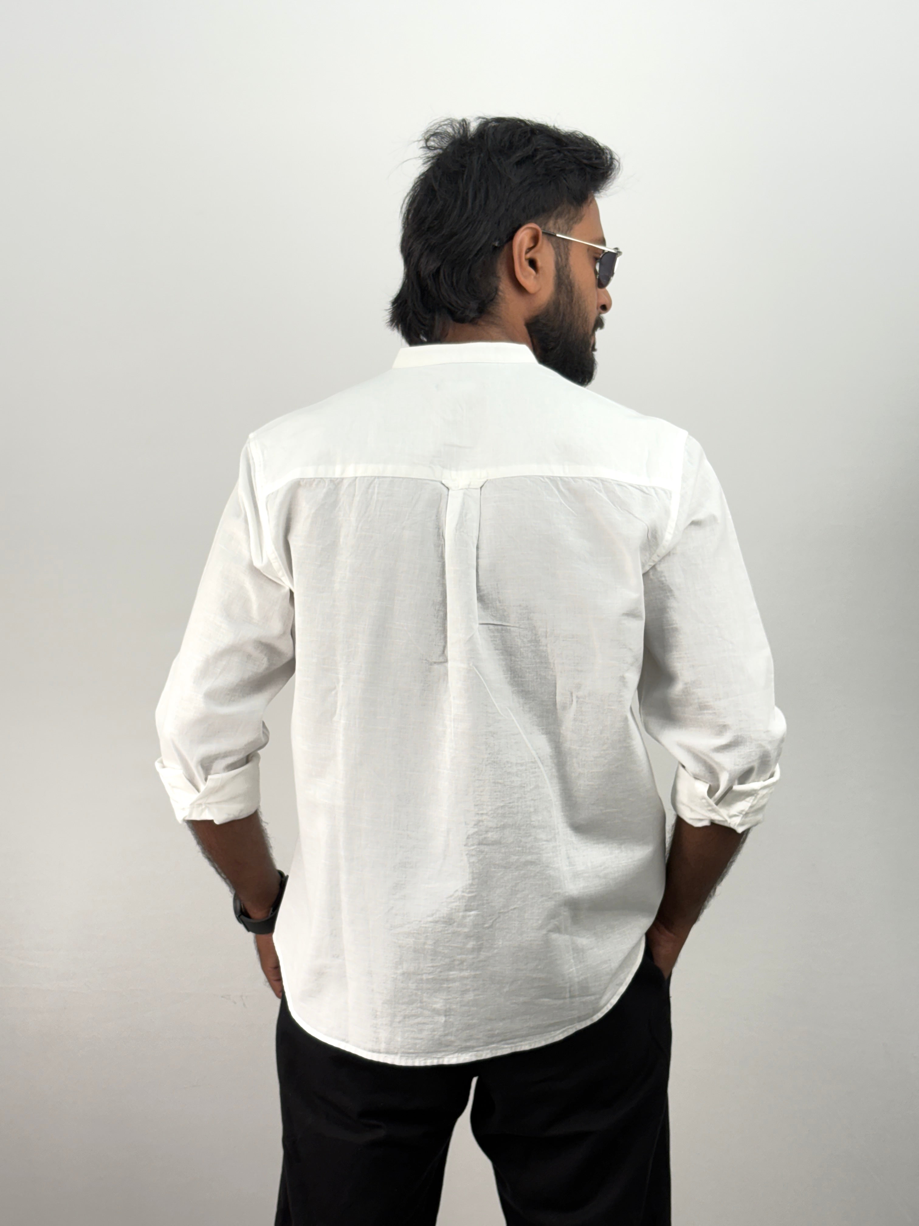 White Mandarin Collar Linen Shirt
