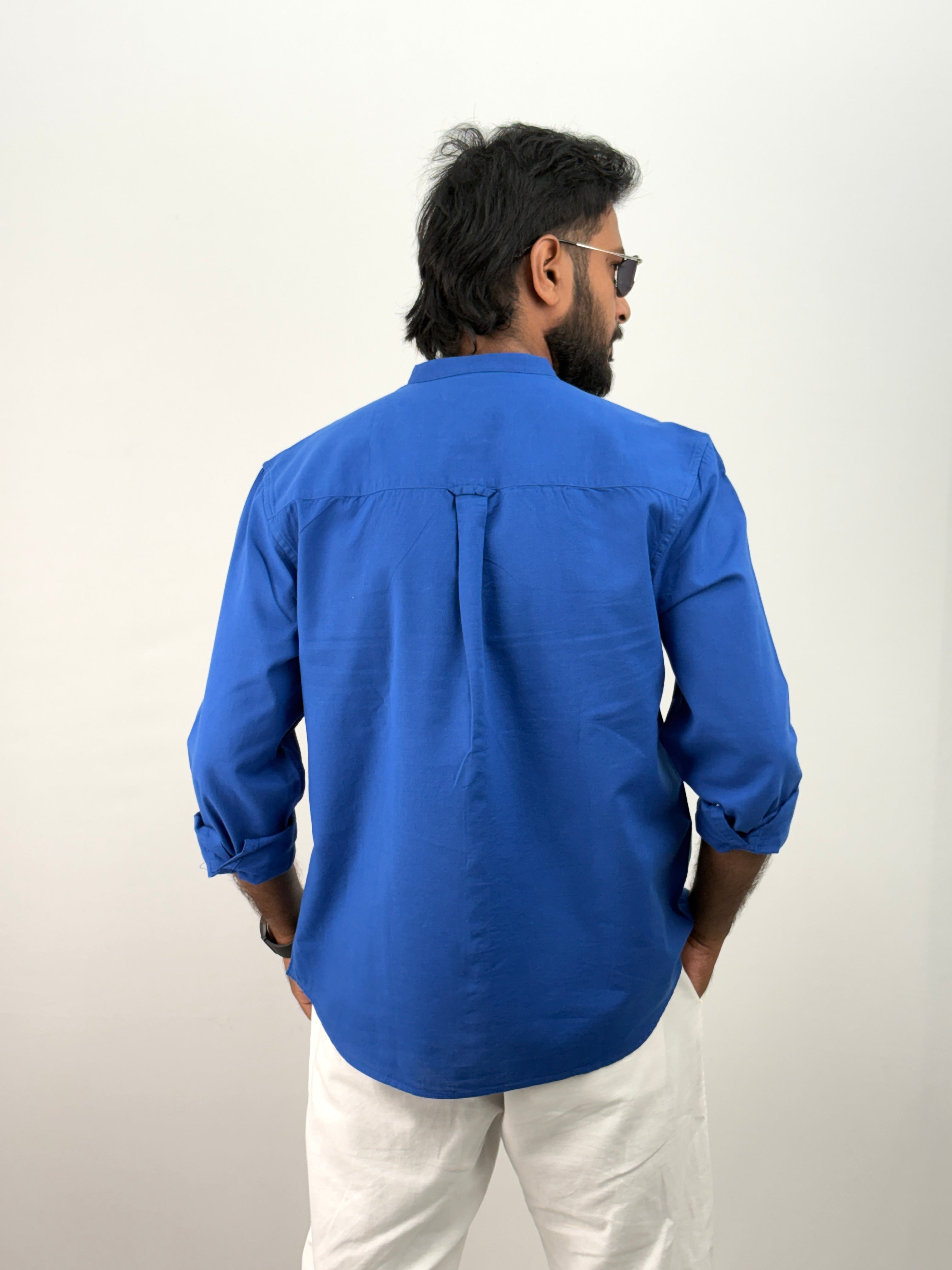Blue Mandarin Collar Linen Shirt