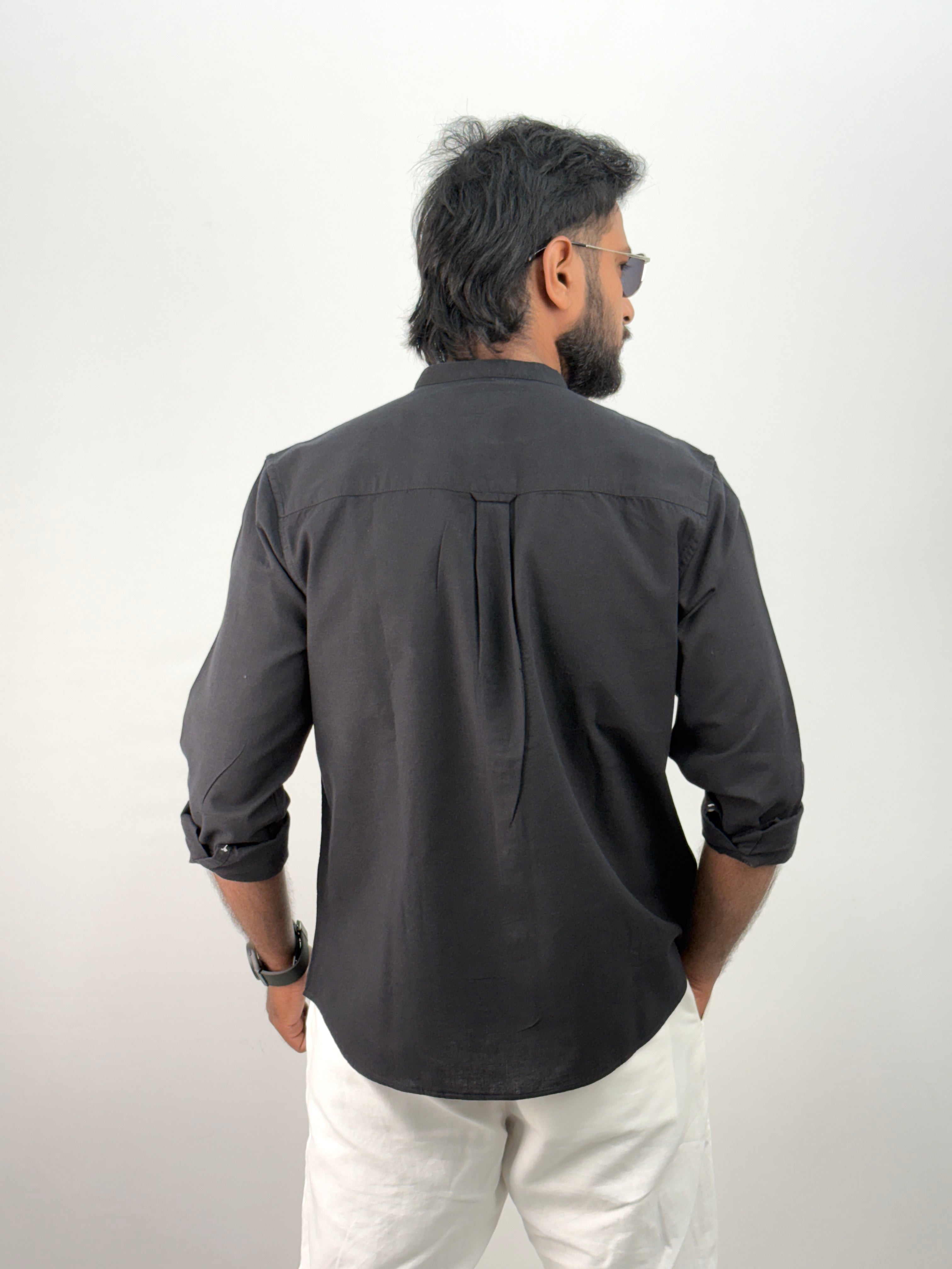 Black Mandarin Collar Linen Shirt