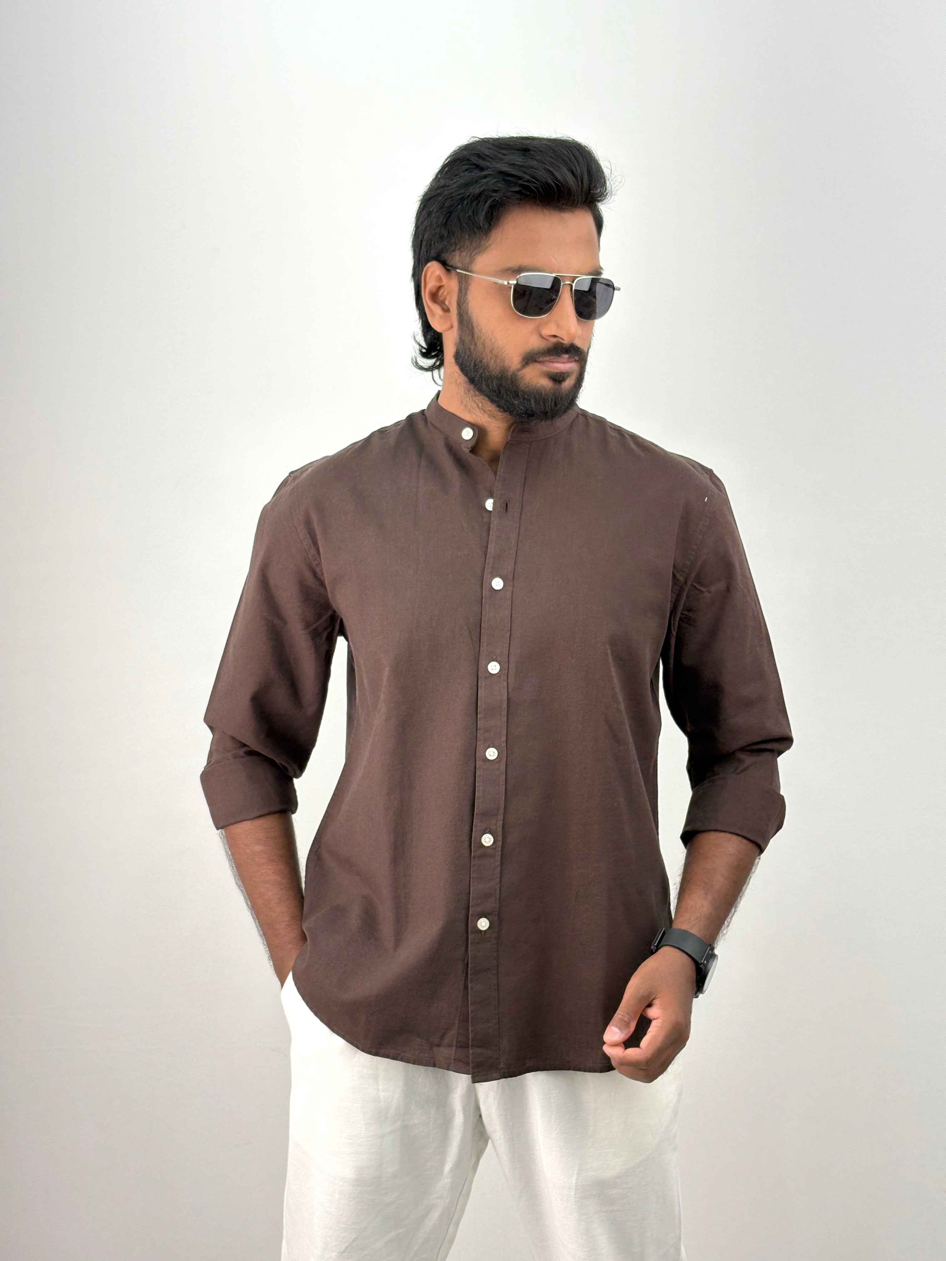 Brown Mandarin Collar Linen Shirt