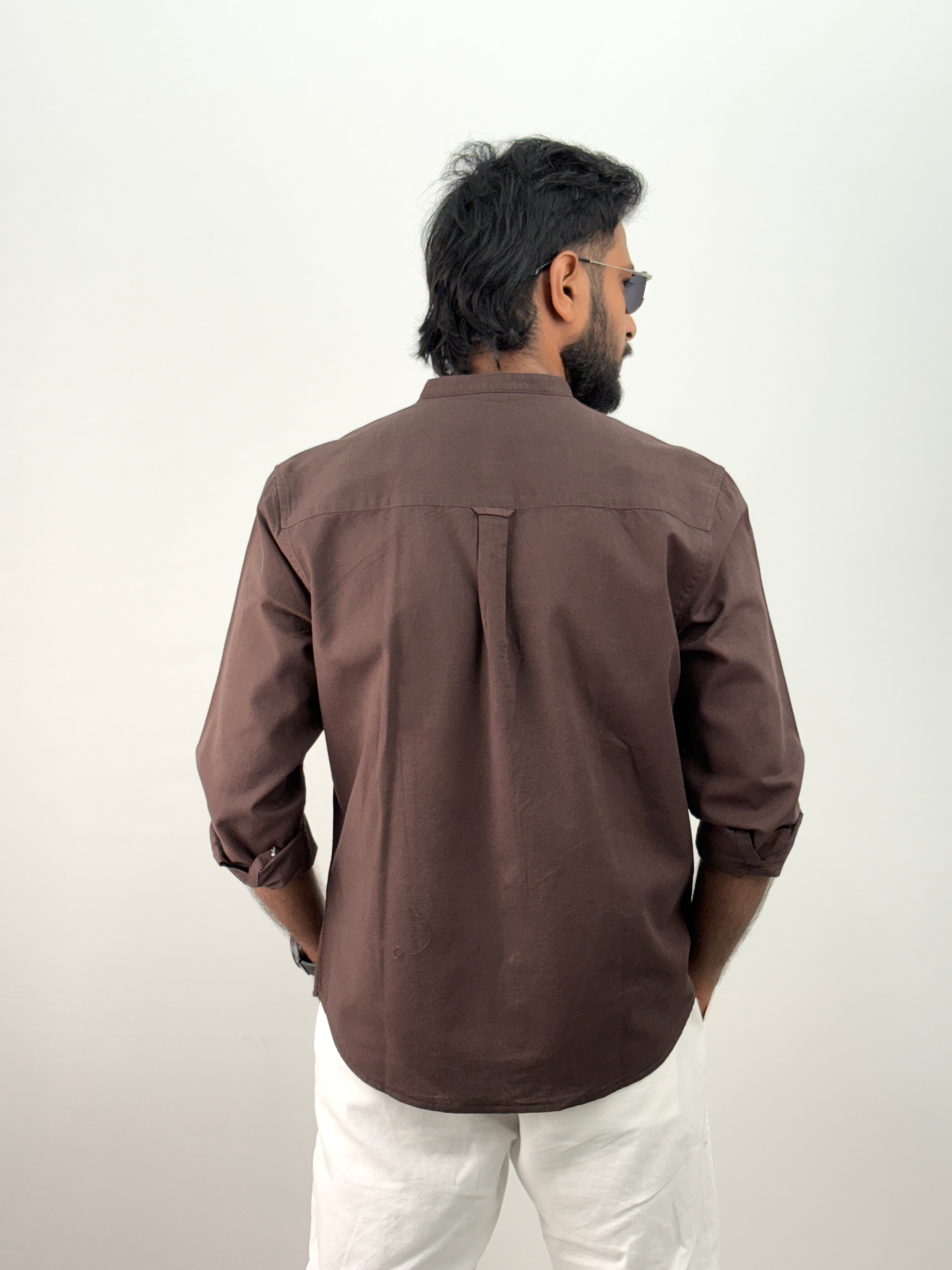 Brown Mandarin Collar Linen Shirt