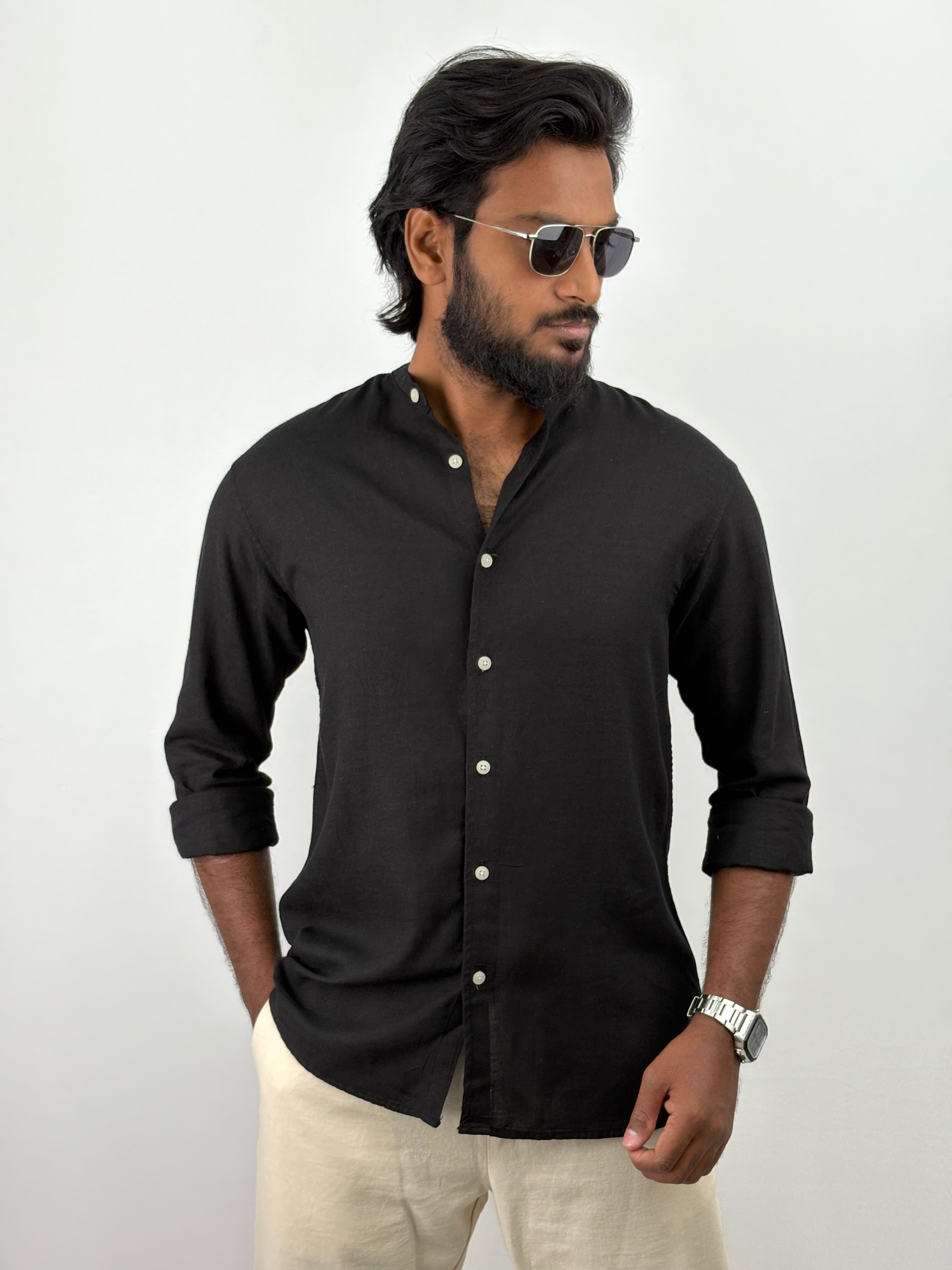 Black Mandarin Collar Linen Shirt