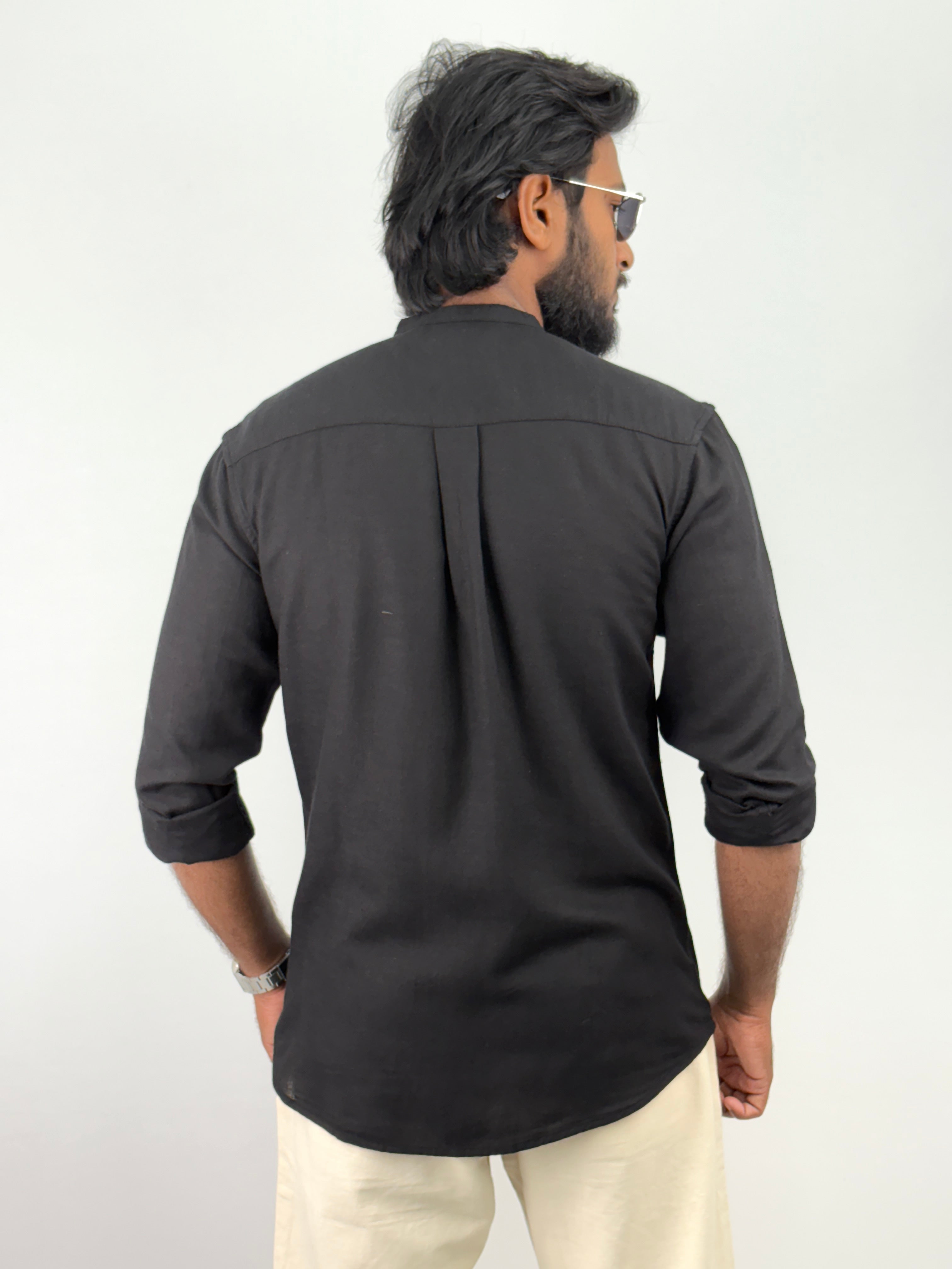 Black Mandarin Collar Linen Shirt