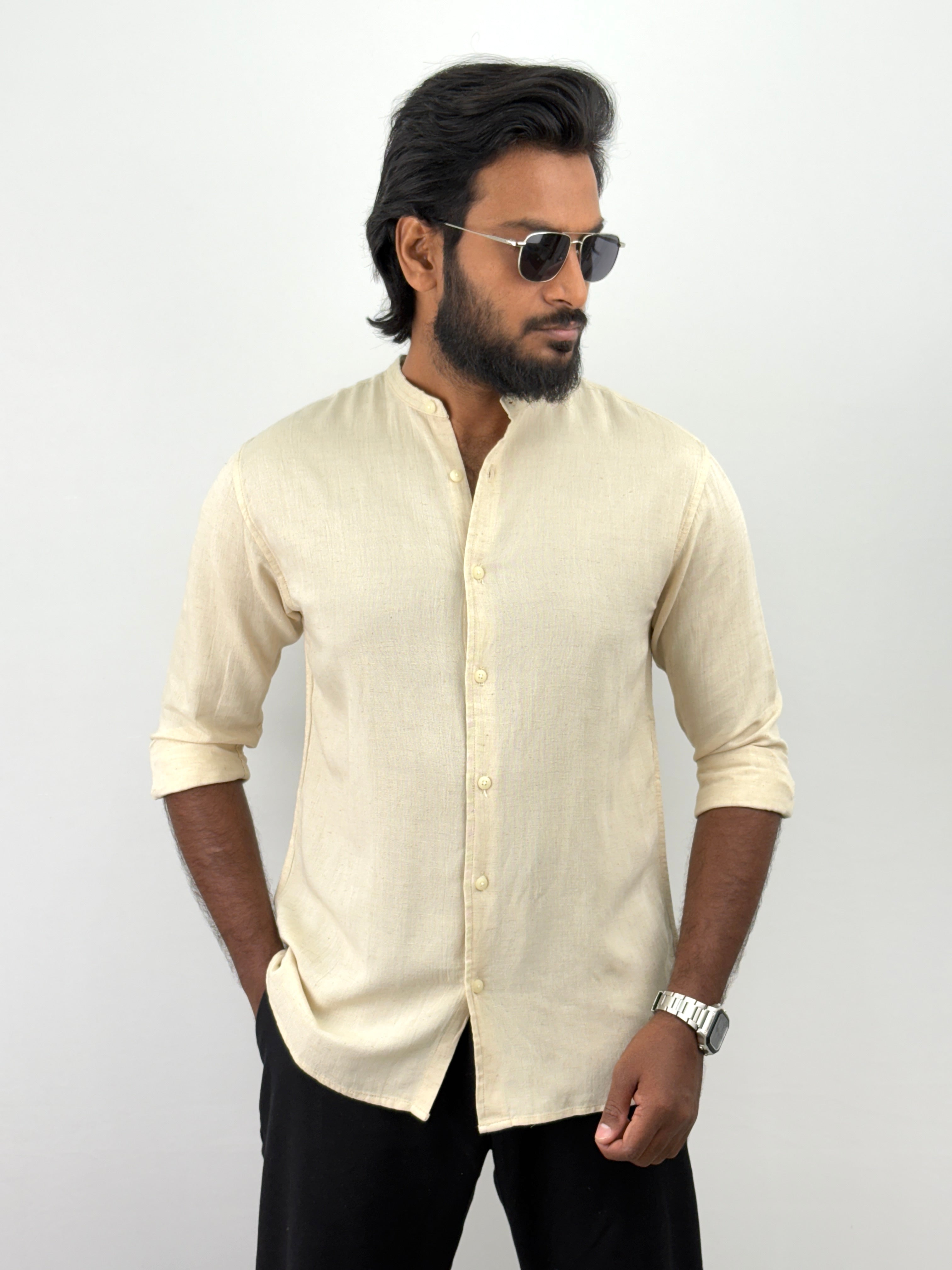 Beige Mandarin Collar Linen Shirt