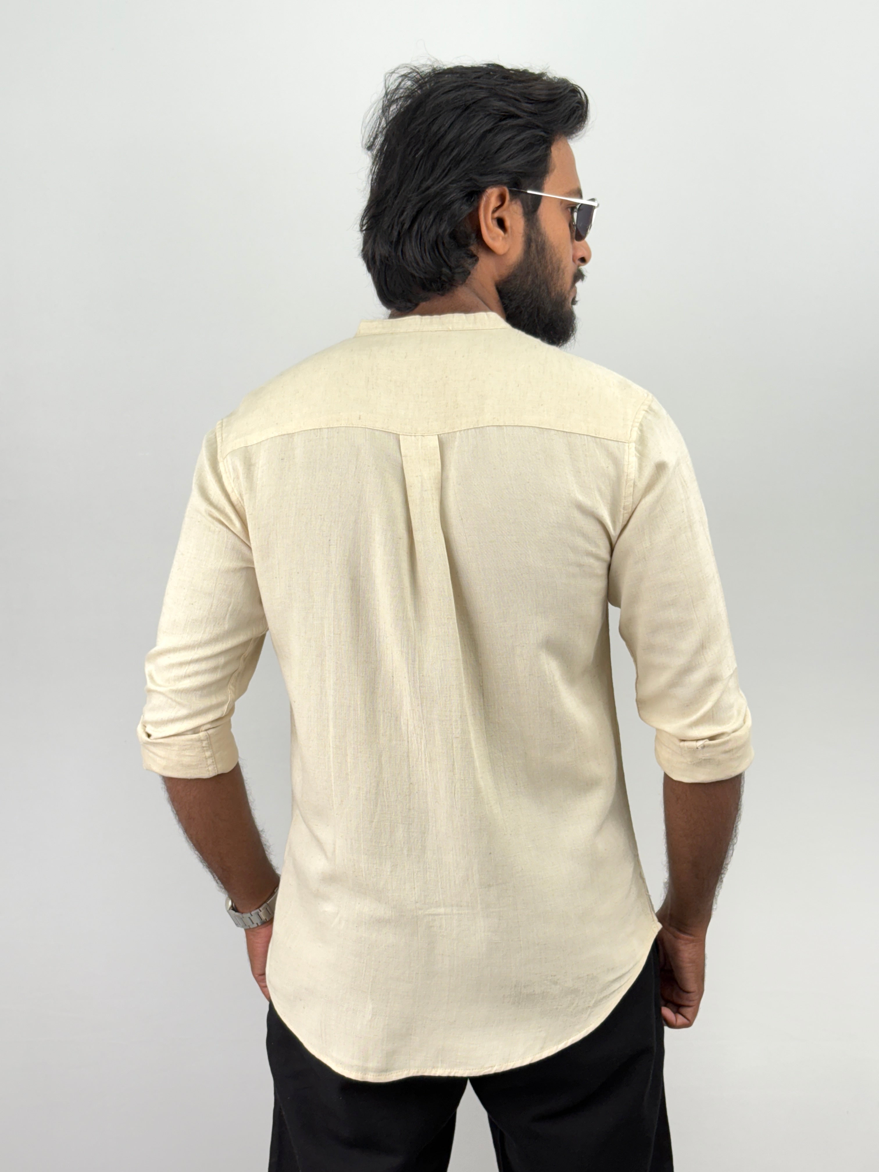 Beige Mandarin Collar Linen Shirt