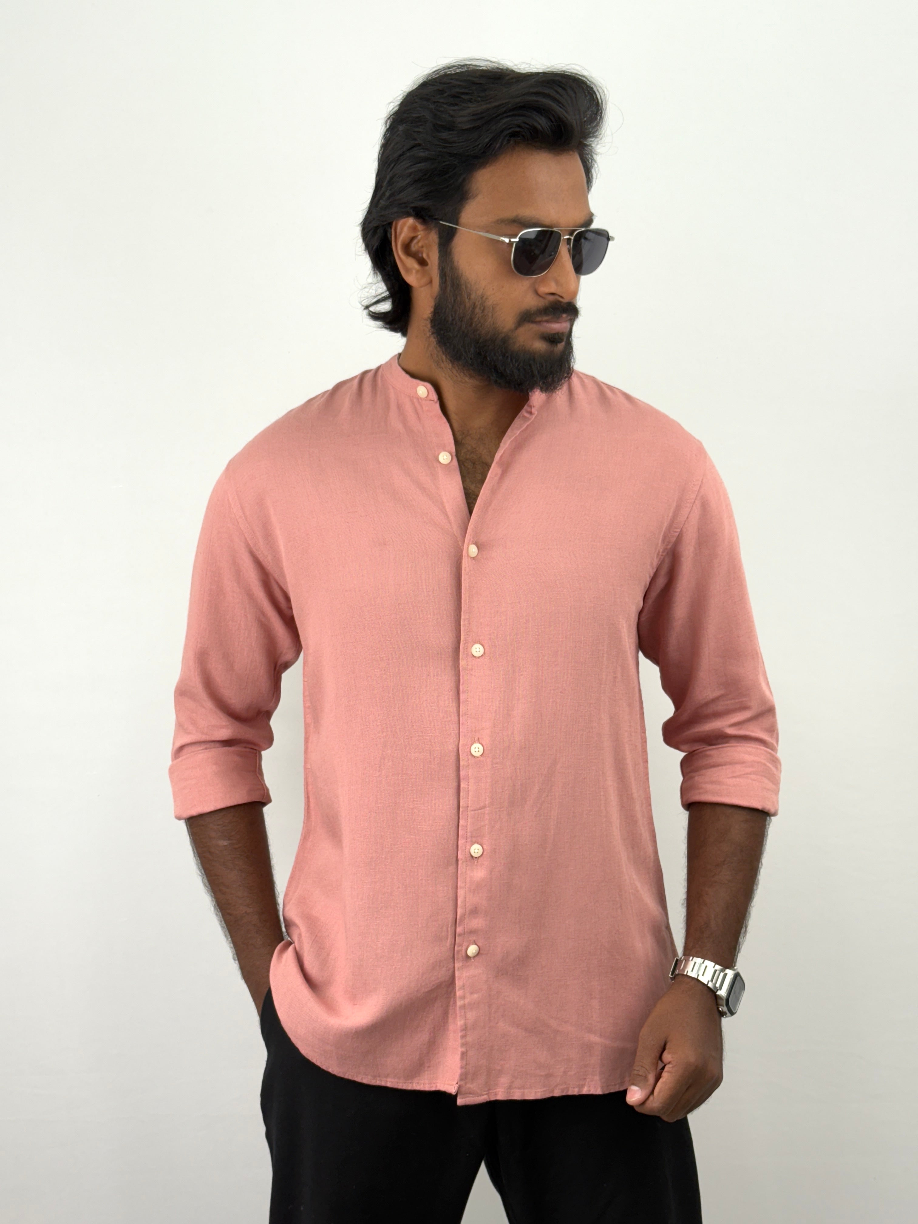 Peach Mandarin Collar Linen Shirt