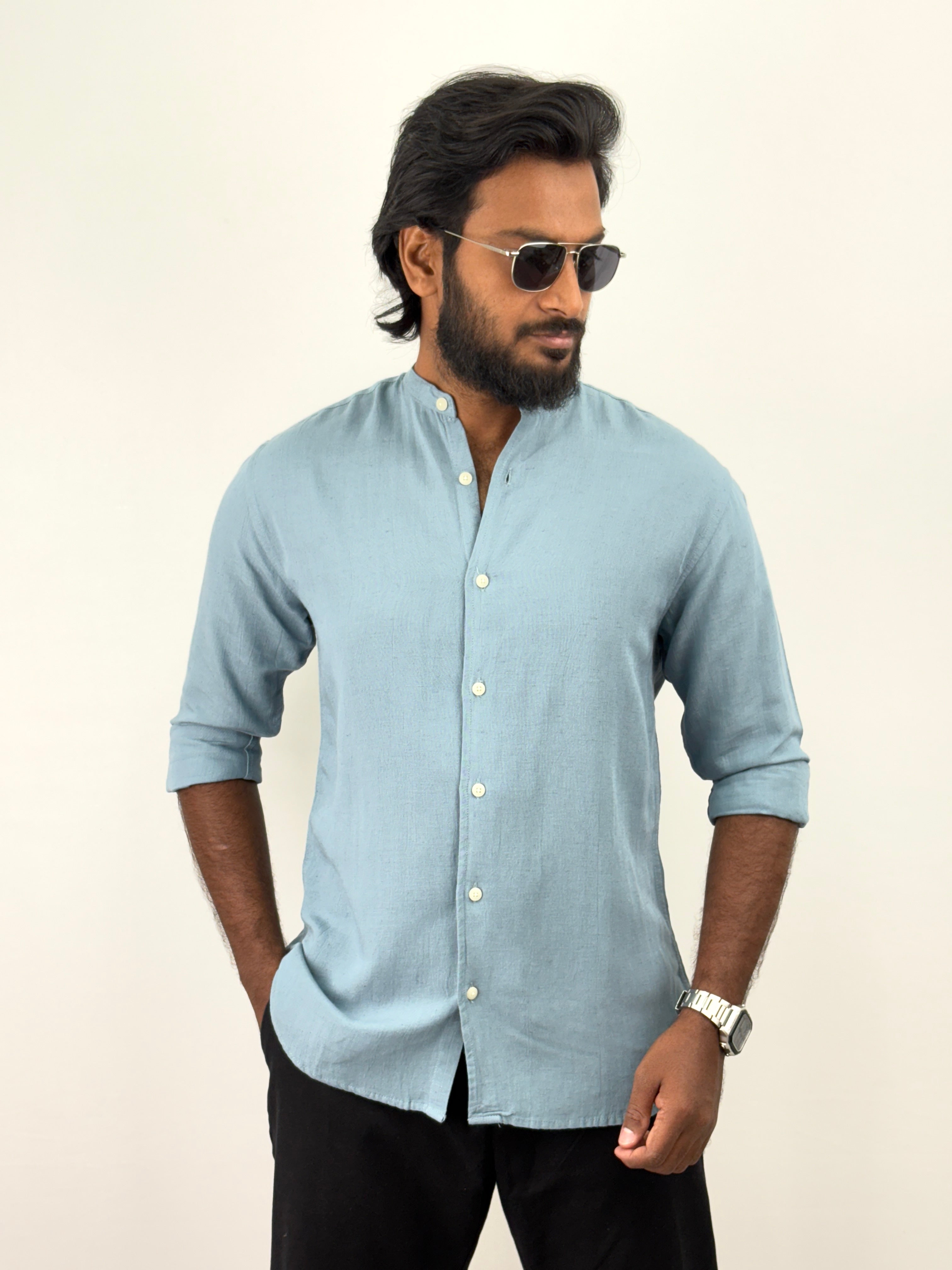 Blue Mandarin Collar Linen Shirt