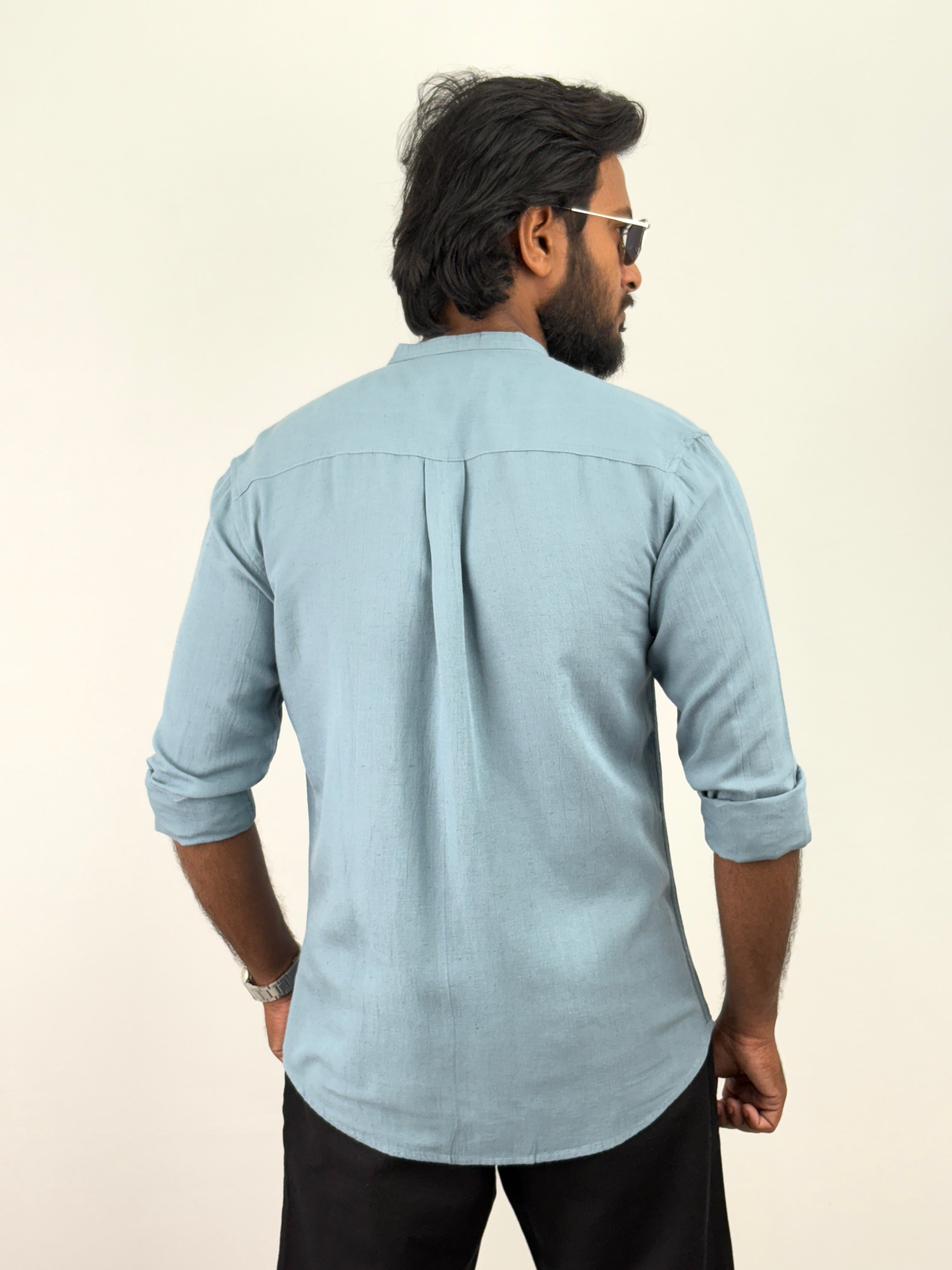 Blue Mandarin Collar Linen Shirt