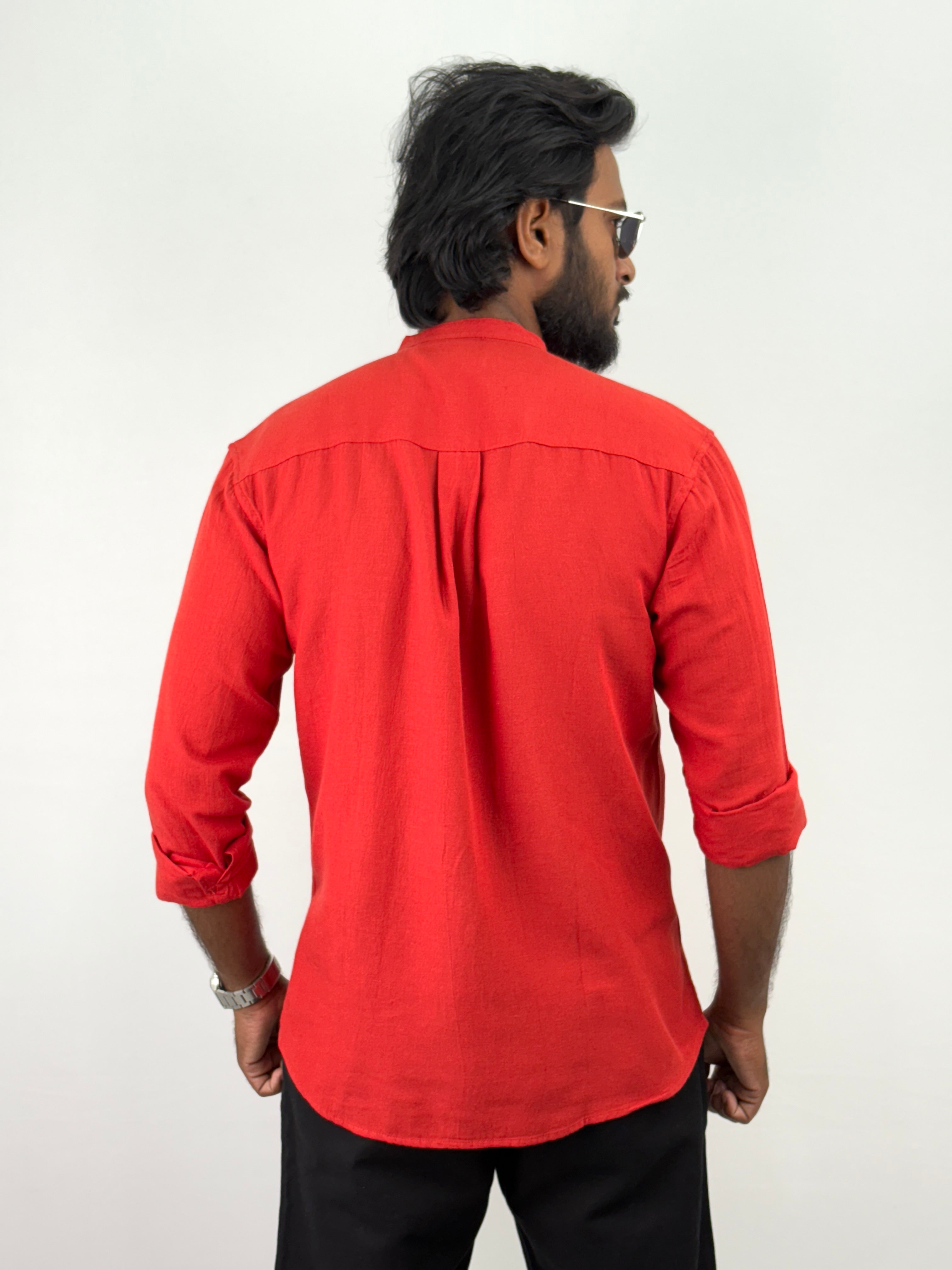 Red Mandarin Collar Linen Shirt