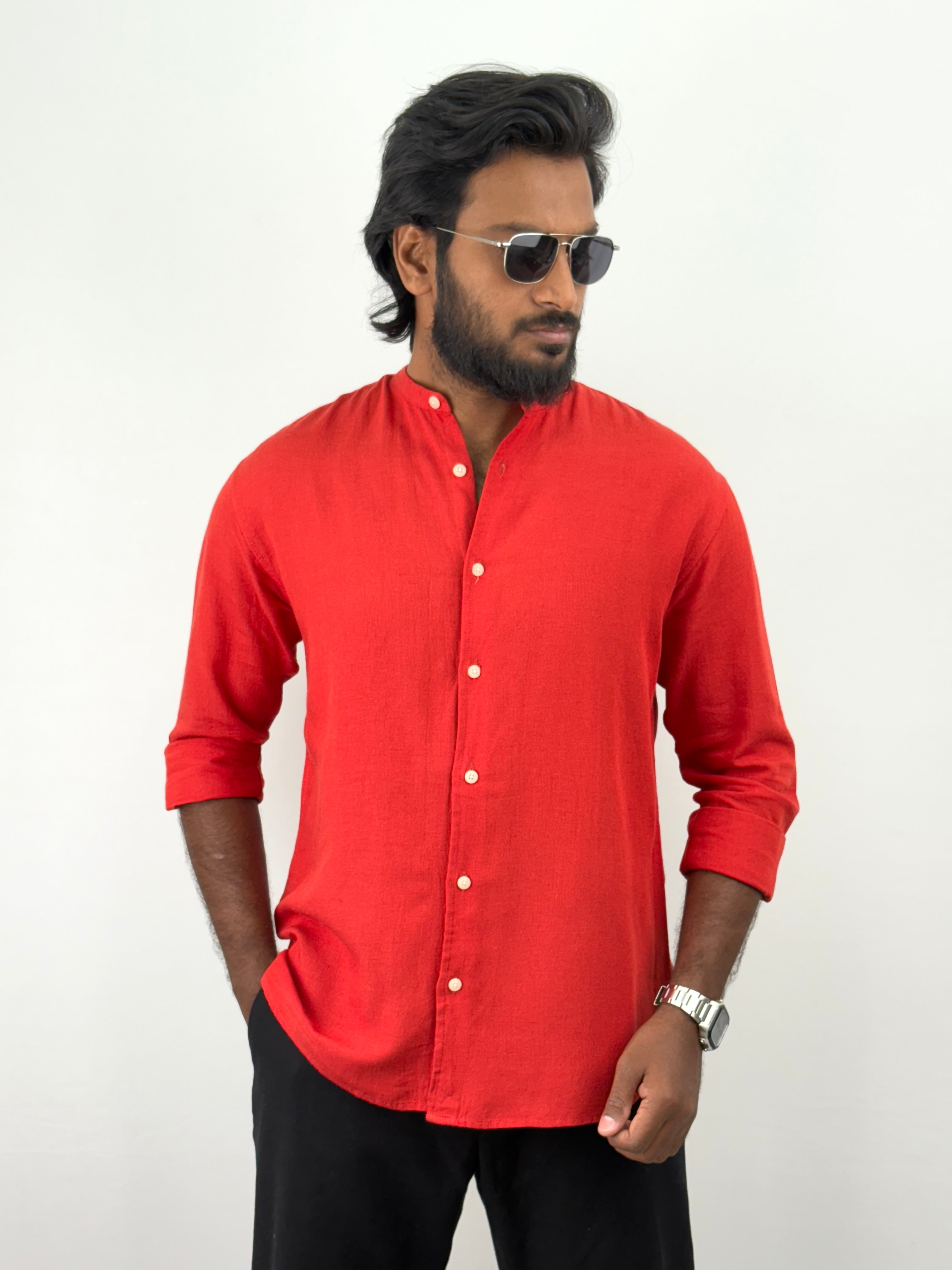 Red Mandarin Collar Linen Shirt