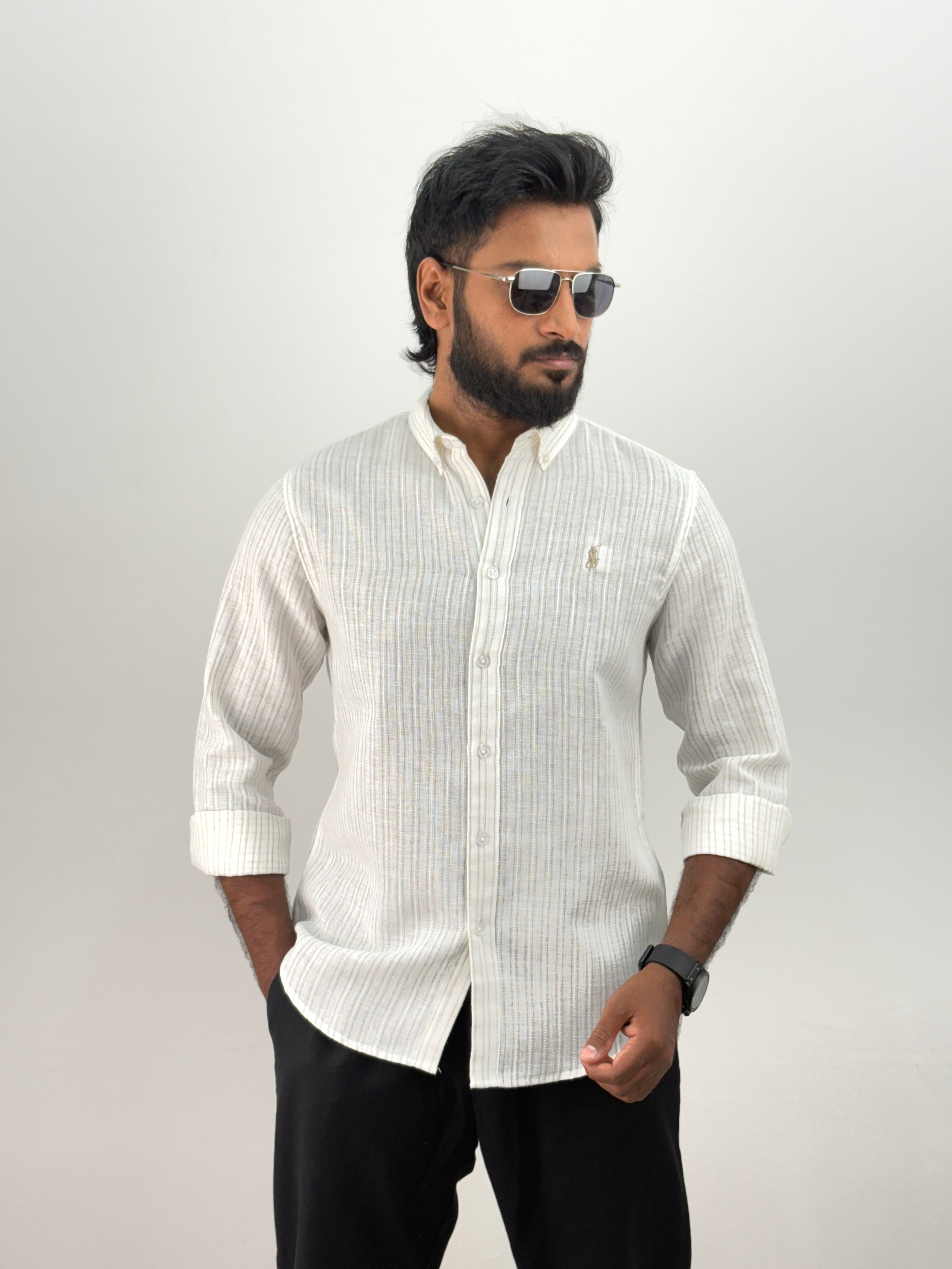 White Linen Stripe Shirt
